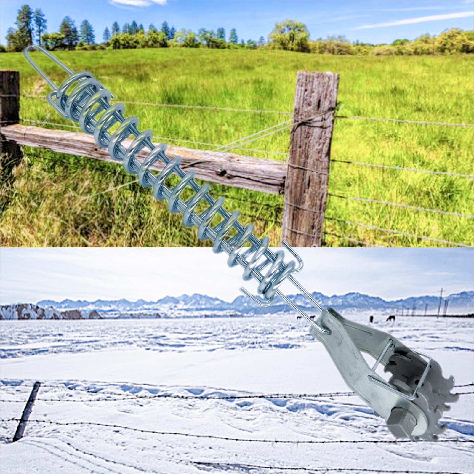 CYM-INSIST springs installed on pasture fence demonstrating reliable tension under snow