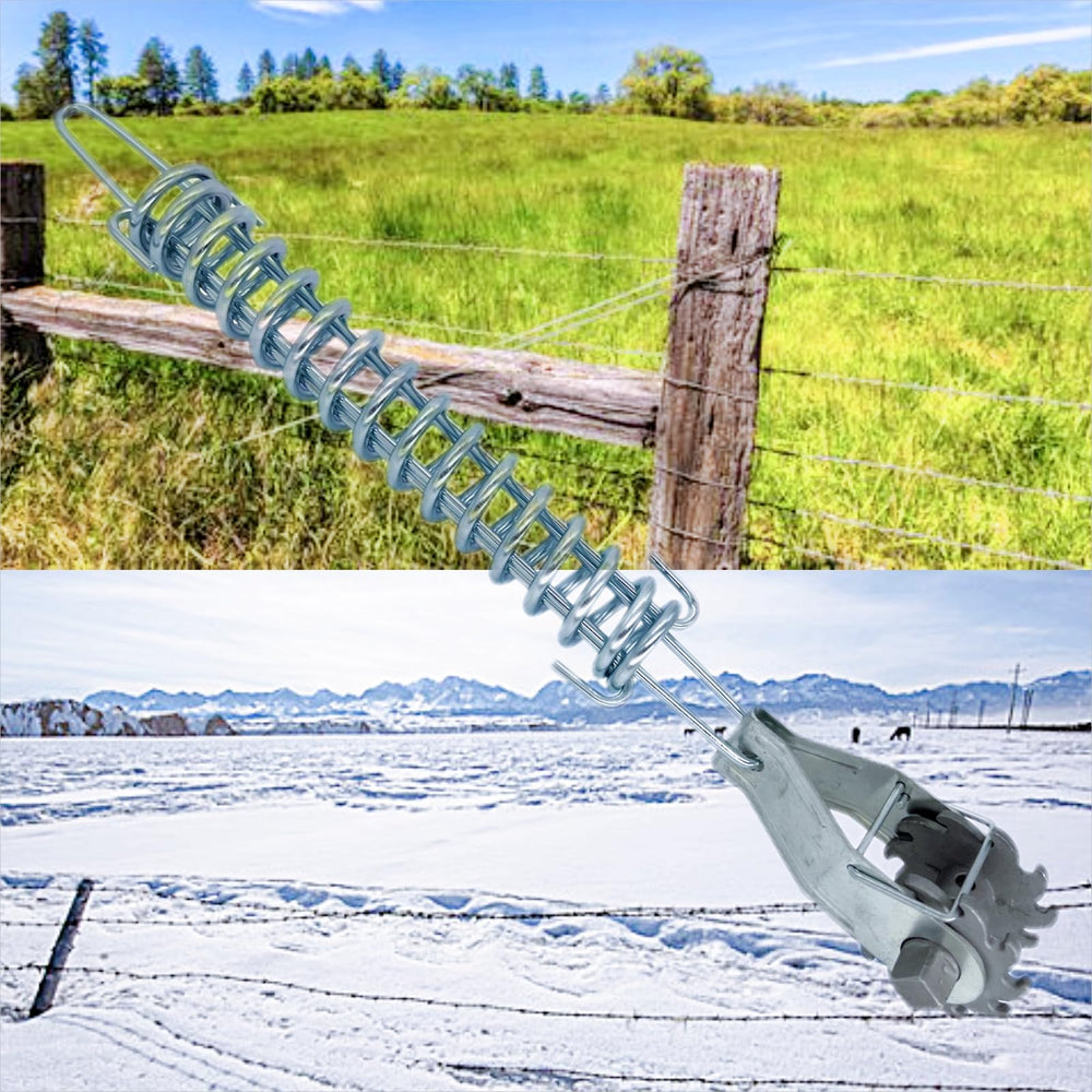 CYM-INSIST springs installed on pasture fence demonstrating reliable tension under snow