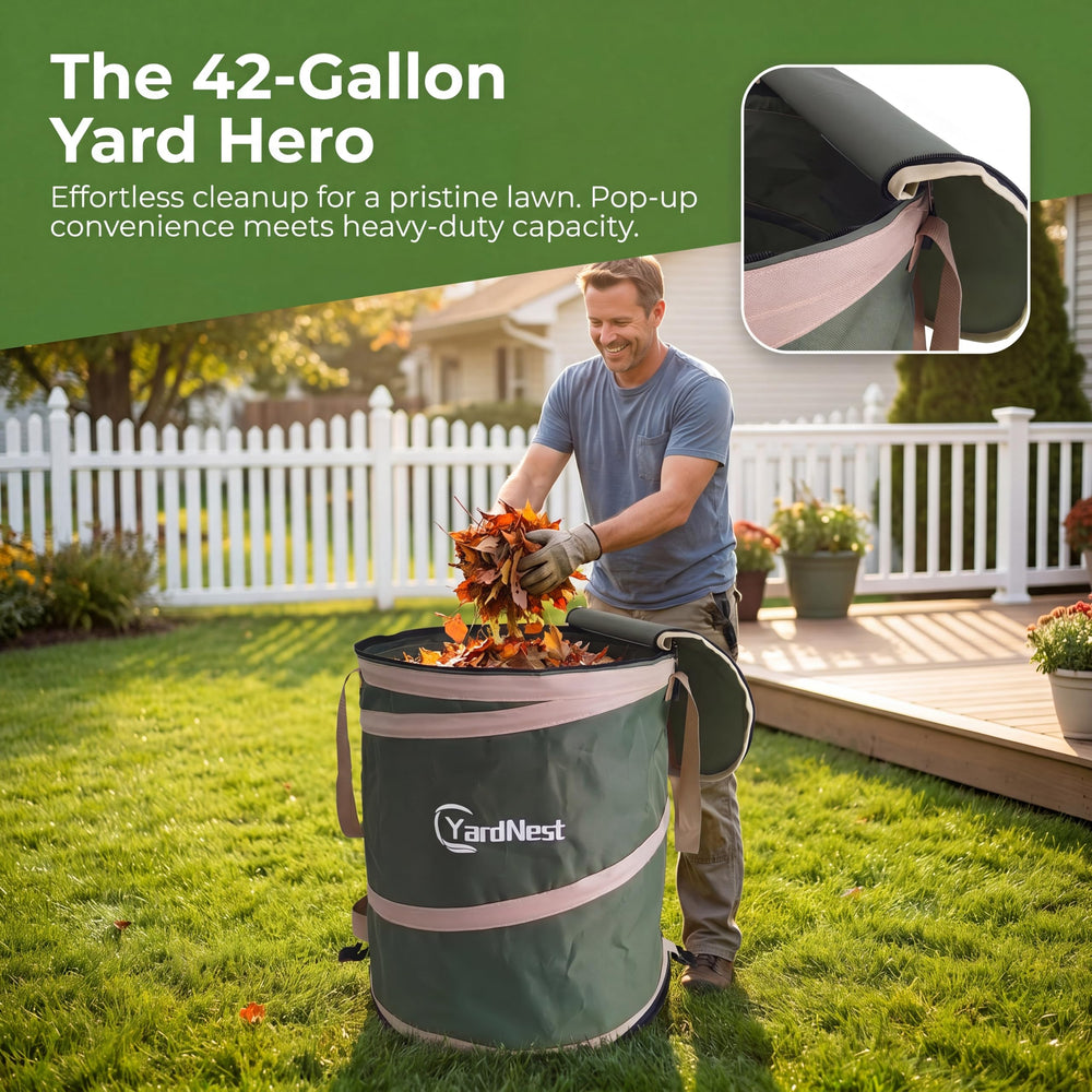 CYardNest in yard collecting leaves demonstrating quick cleanup benefit