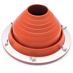 Cyvposm stove jack front view showing fitted collar and label, protects canvas