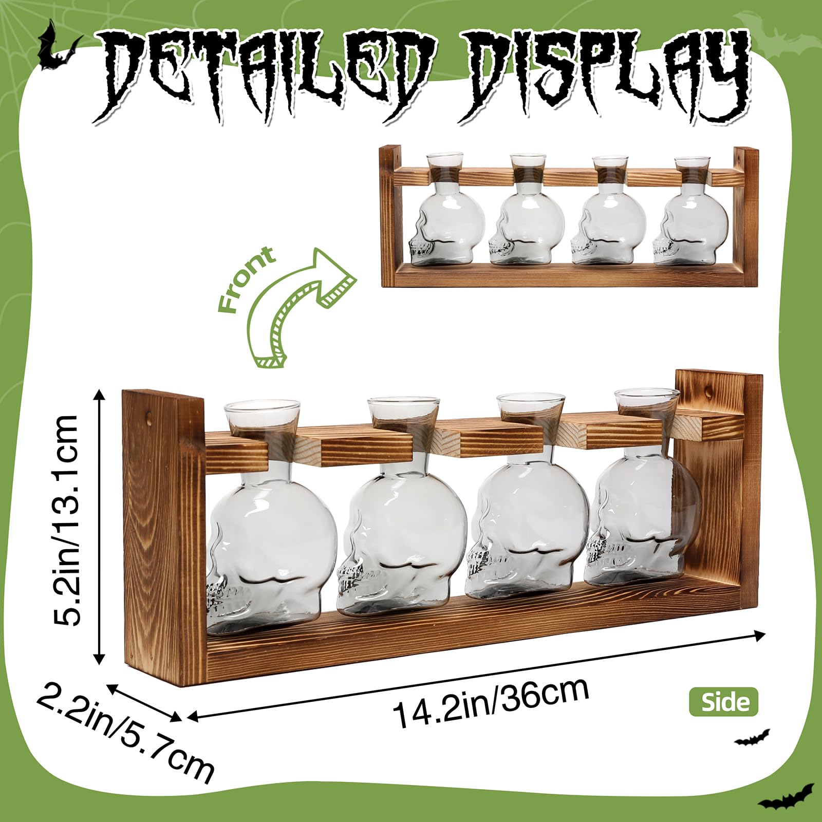 CYZglass wooden stand holding four skull vases for organized tabletop display benefit