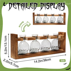 CYZglass wooden stand holding four skull vases for organized tabletop display benefit