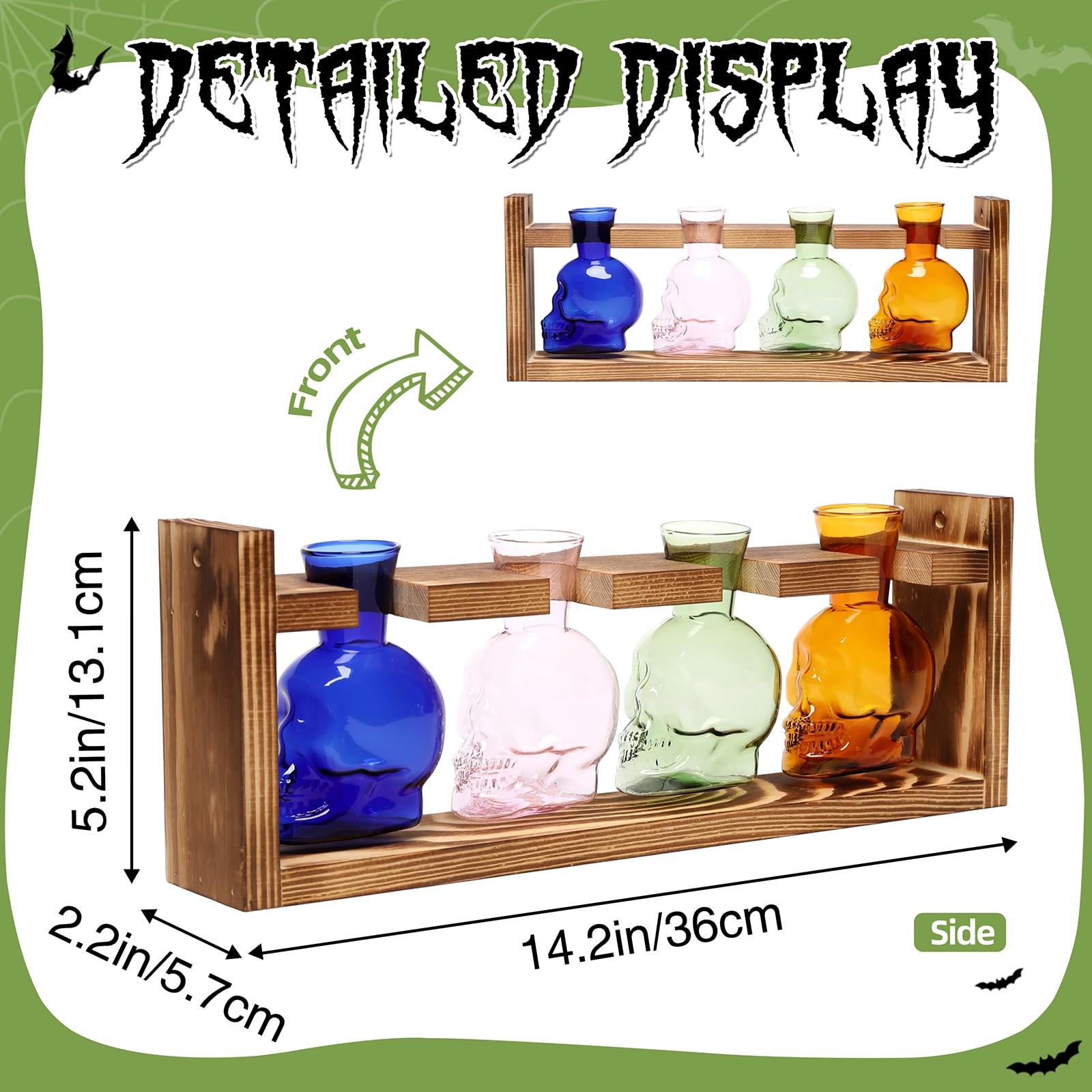 CYZglass wooden stand holding four skull vases showing organized tabletop display benefit