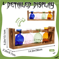 CYZglass wooden stand holding four skull vases showing organized tabletop display benefit