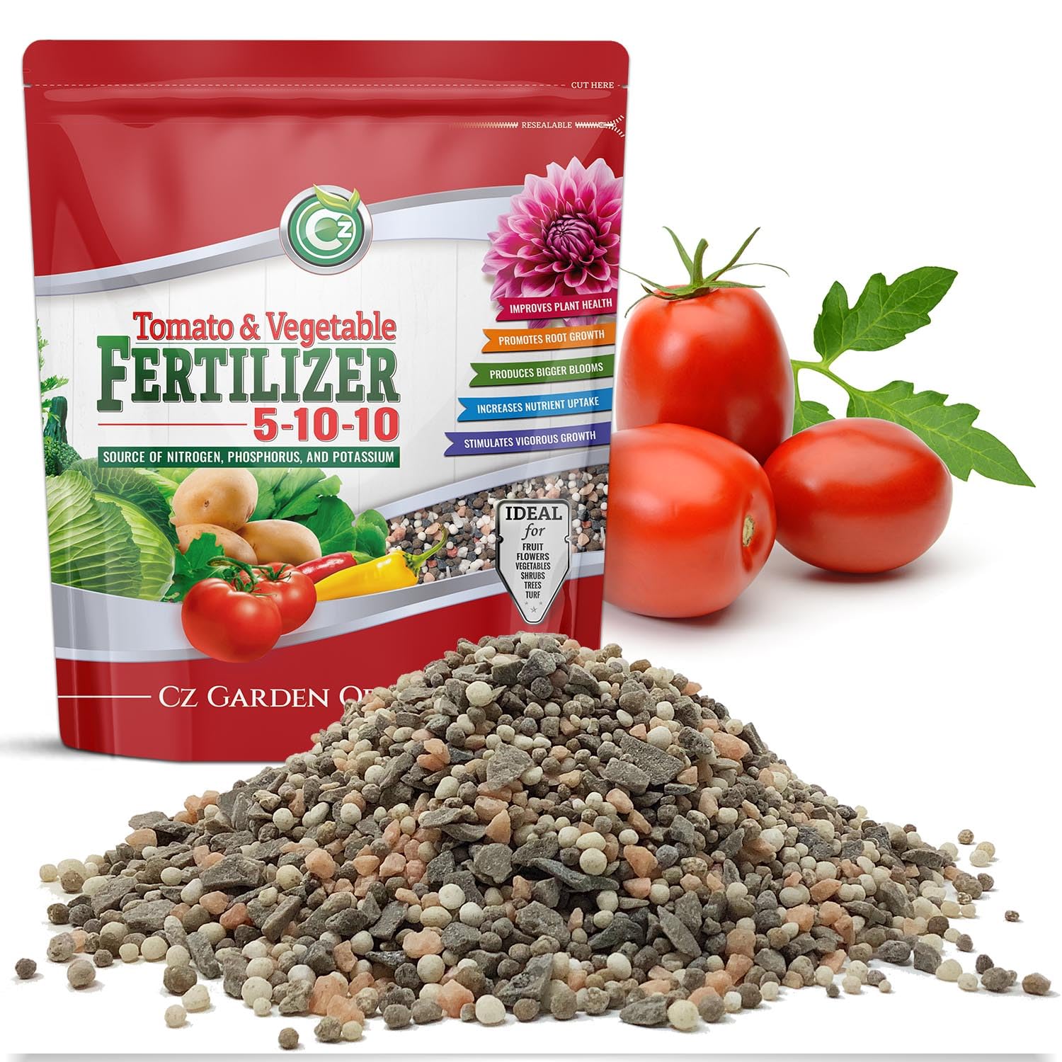 Cz Garden front pouch showing 5-10-10 formula and resealable pack benefit