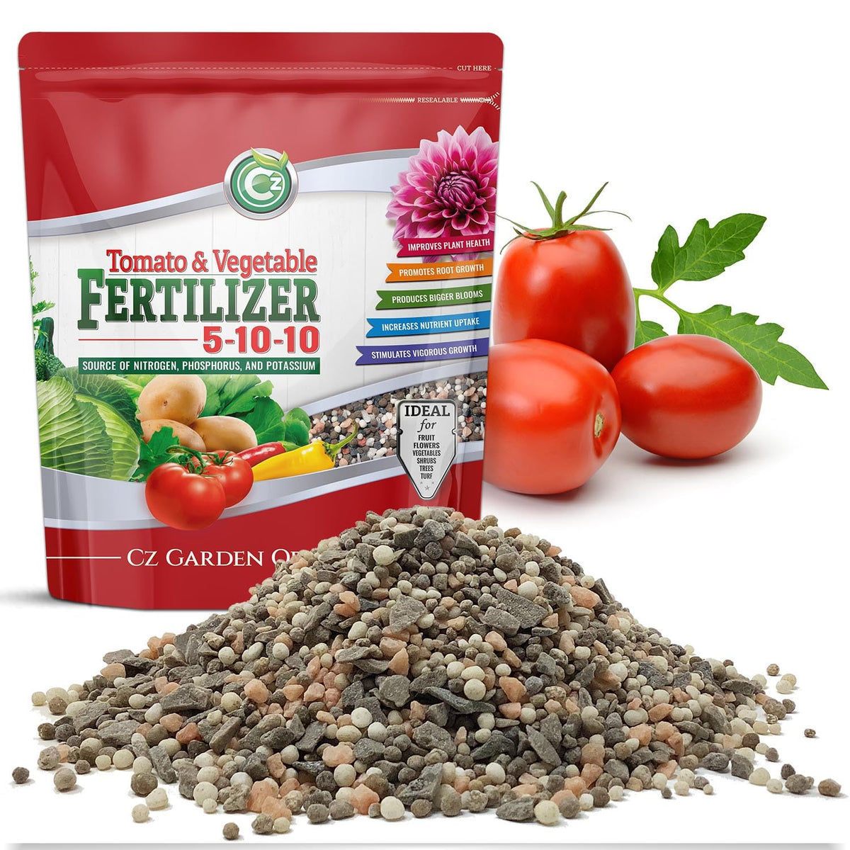 Cz Garden front pouch showing 5-10-10 formula and resealable pack benefit