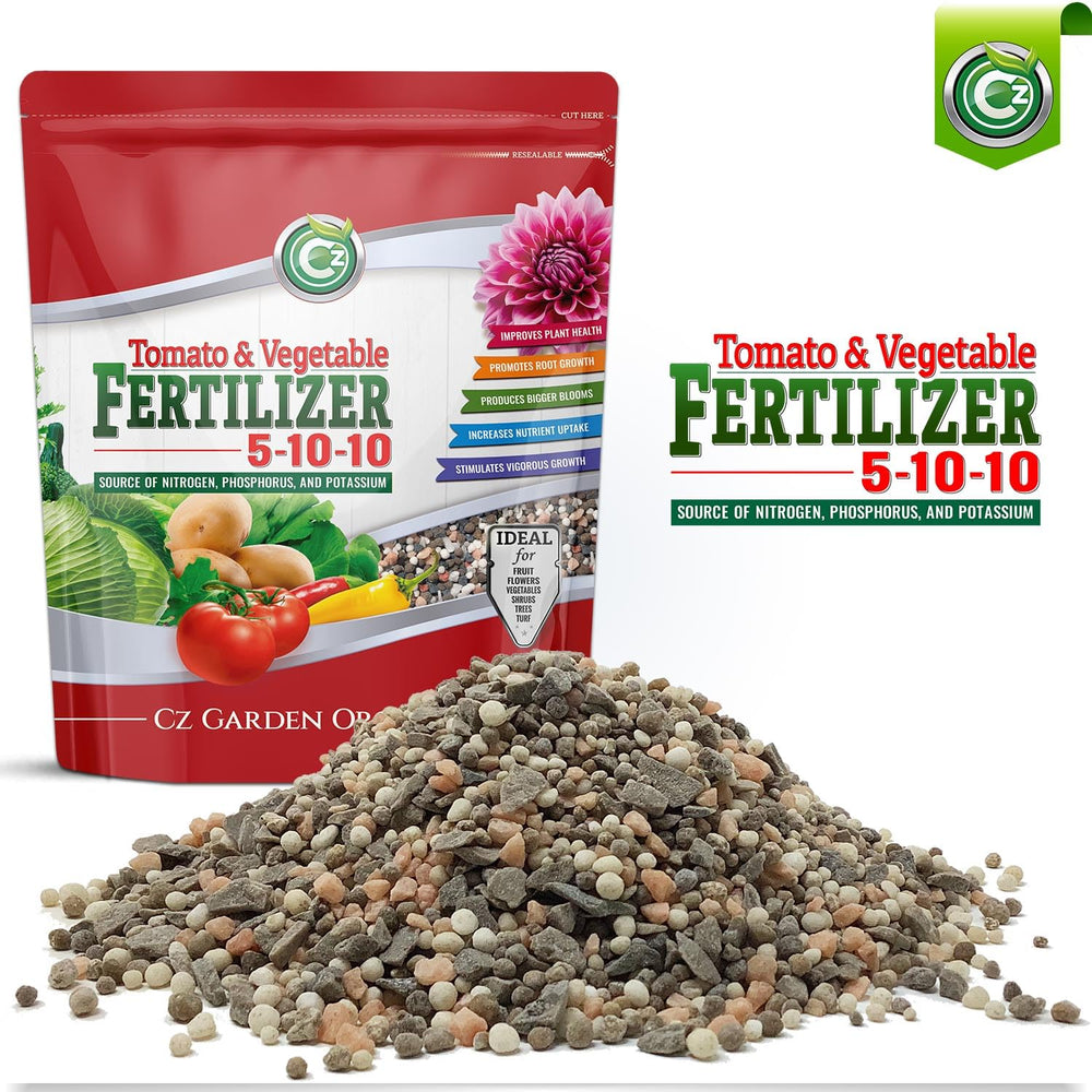 Cz Garden fertilizer near vegetable bed illustrating healthier blooms and fruits
