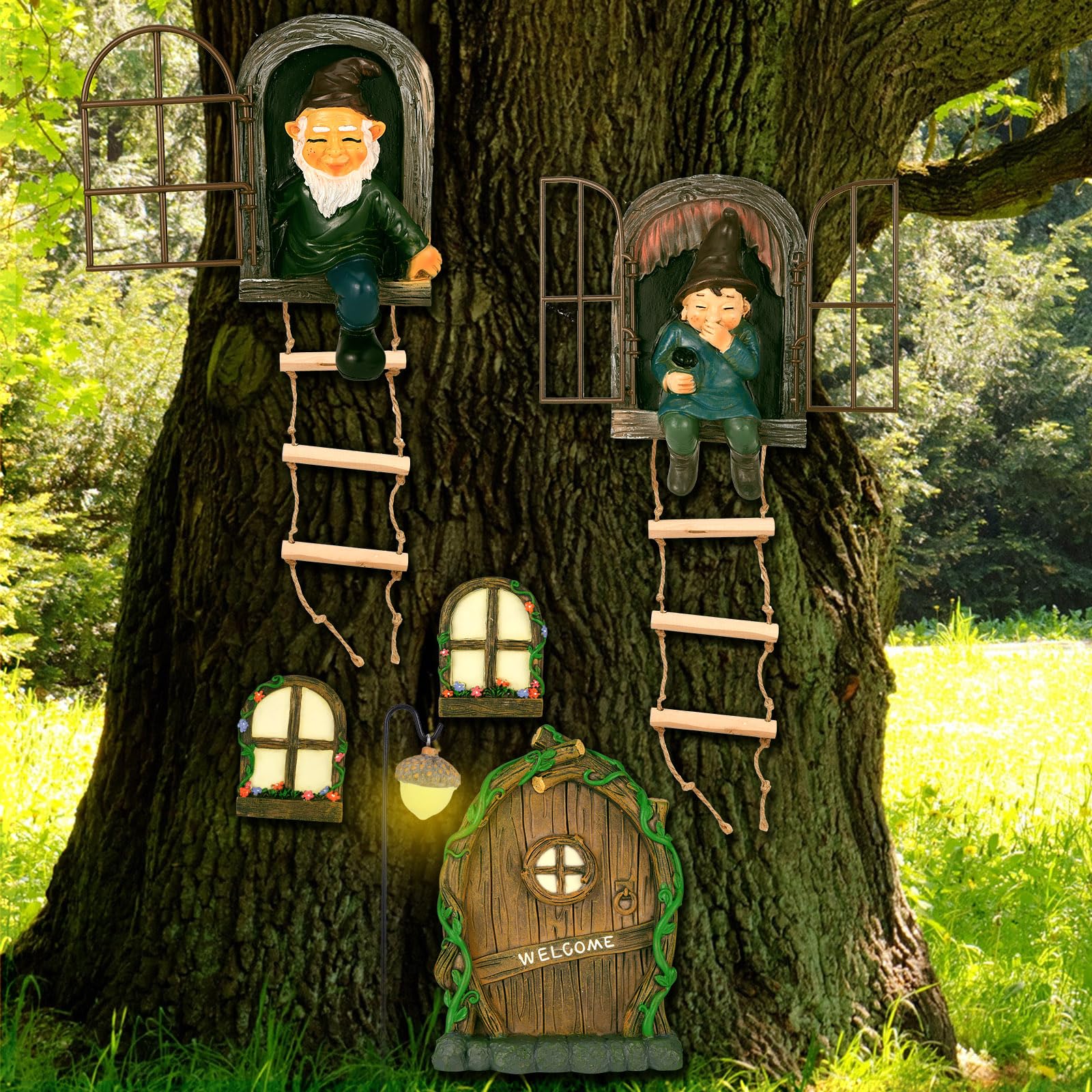 Czlotyh front view of full 7-piece fairy garden set showing colorful resin pieces and hangers for instant charm