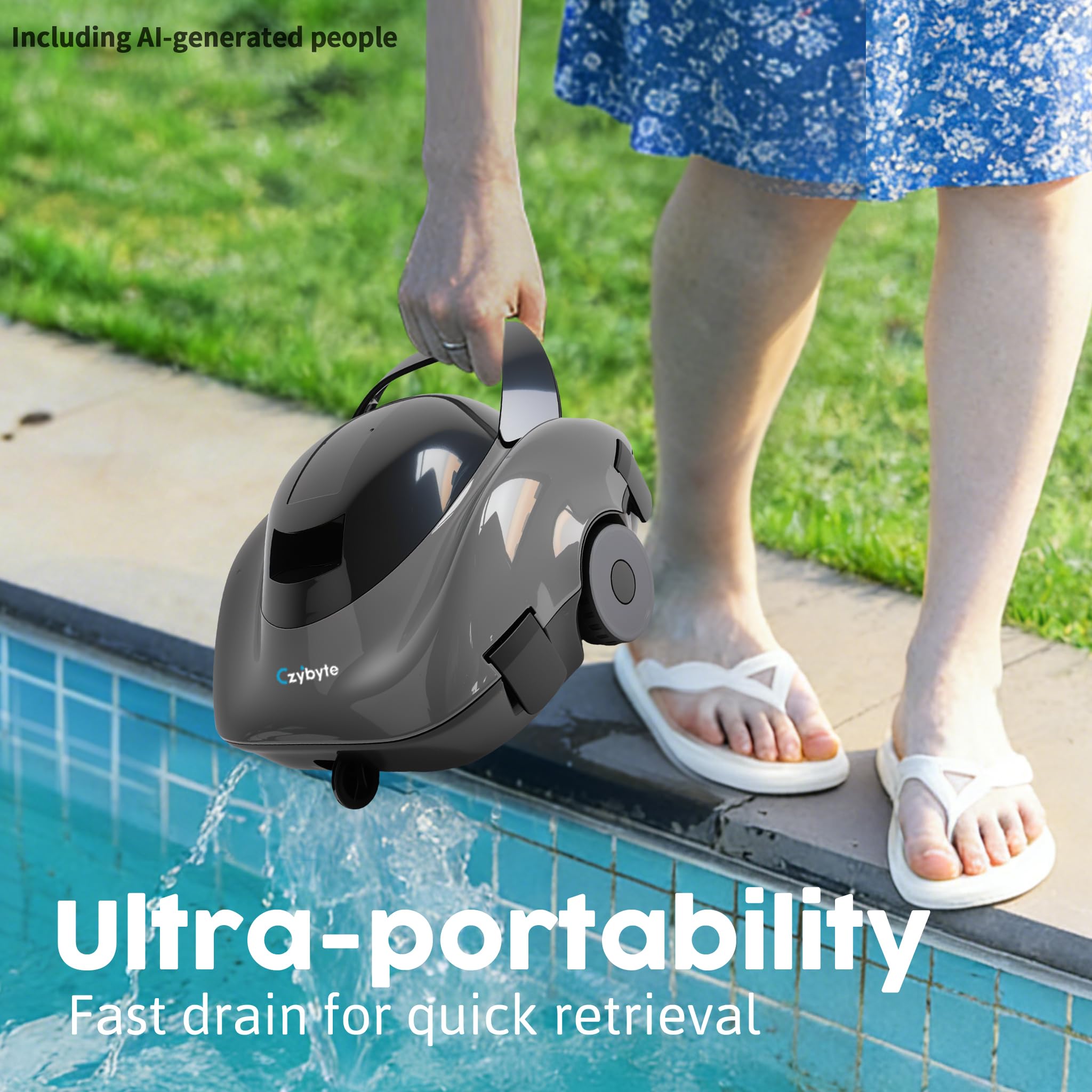 CZYBYTE robotic cleaner in pool demonstrating cordless operation and hands-free cleaning benefit