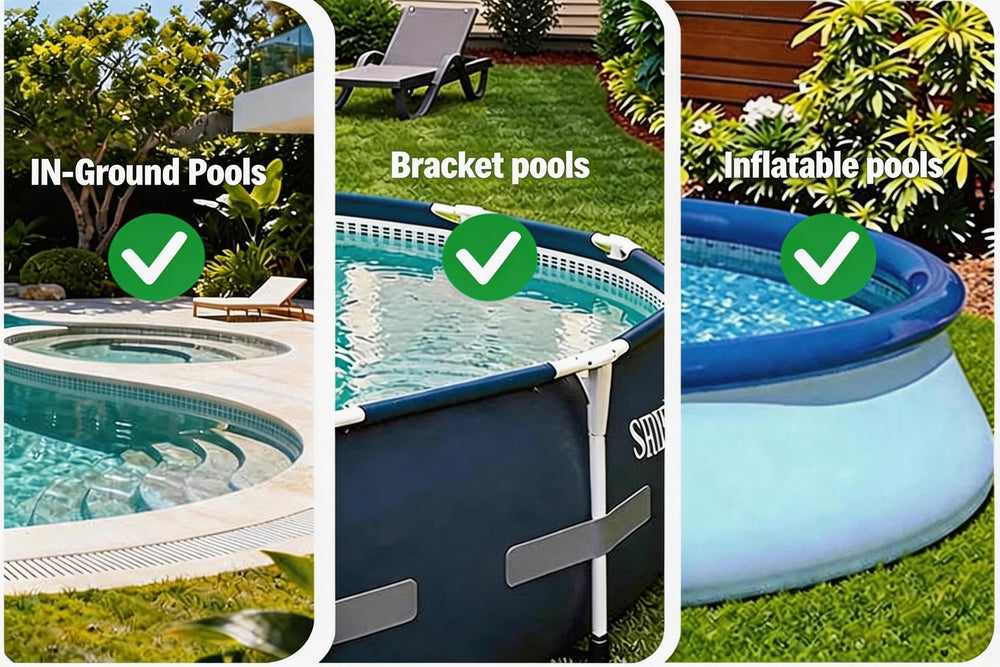 CZYBYTE cleaner beside pool ladder showing scale and portability benefit