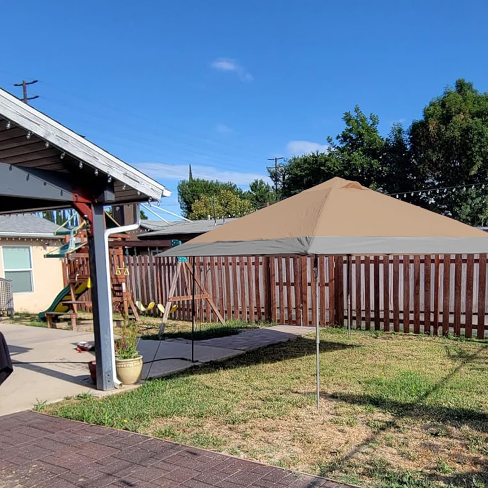 D&ONEHOS canopy in backyard setting illustrating event-ready shade and UV protection