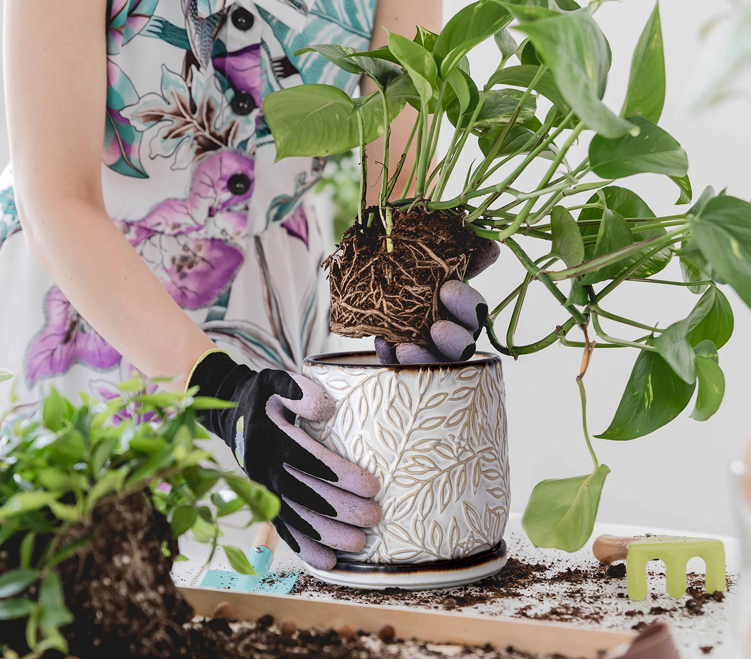 D'vine Dev close-up of ceramic leaf texture and glaze, highlights sculpted detail and quality