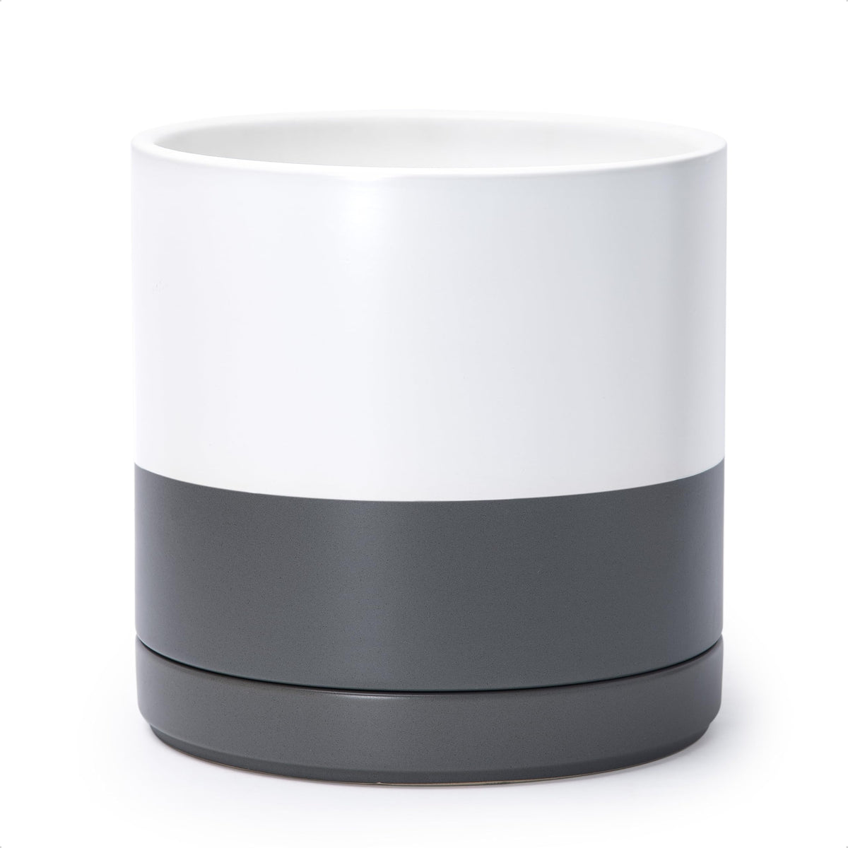 D'vine Dev front view of white grey planter showcasing clean modern look and balance