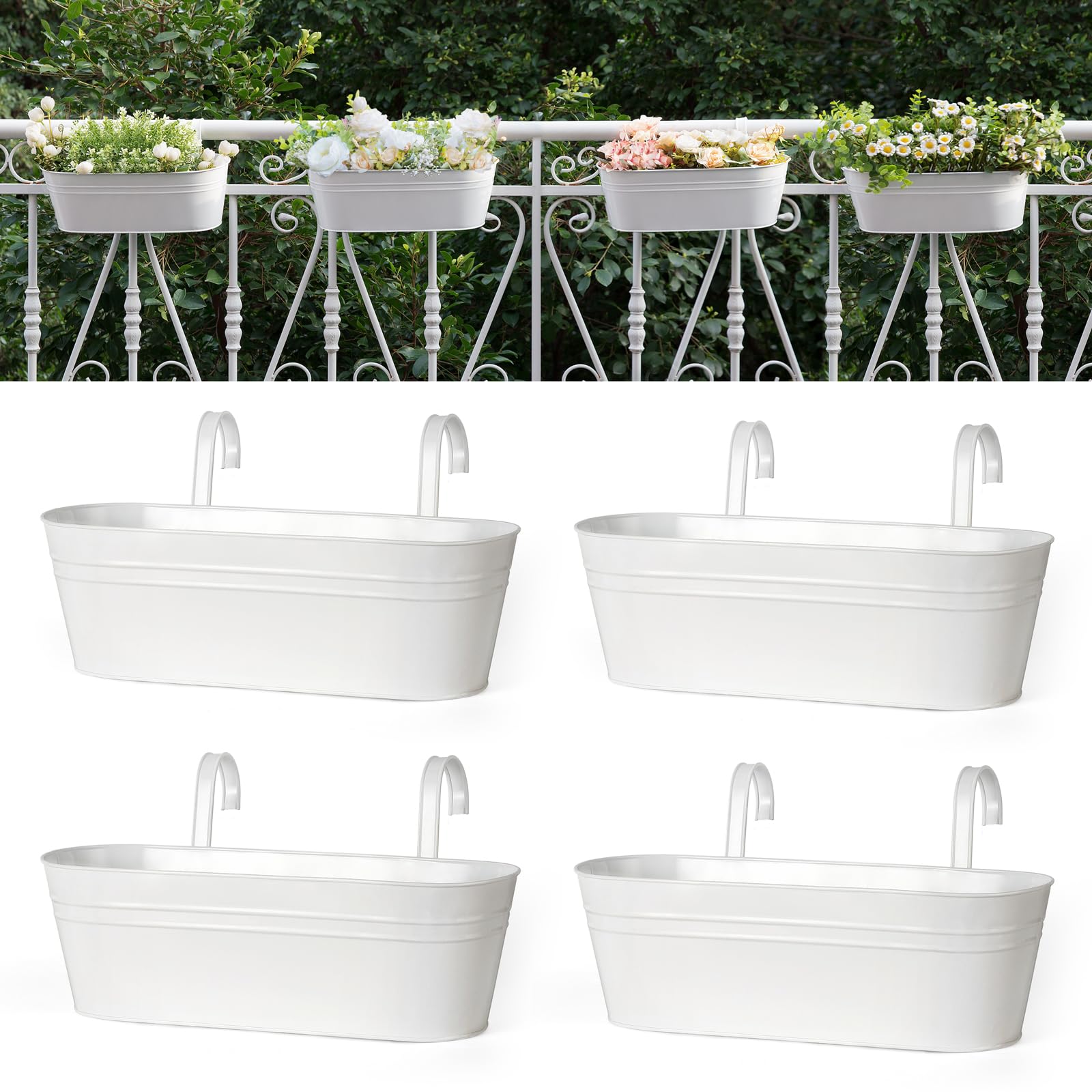 Dahey front view of white 15 inch railing planter showing clean shape and curb appeal