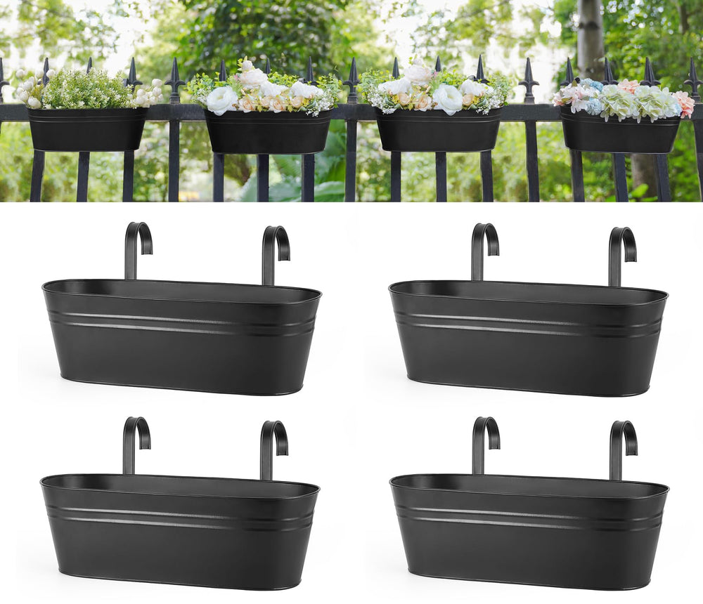 Dahey front view of black railing planter showing neat planting space and curb appeal