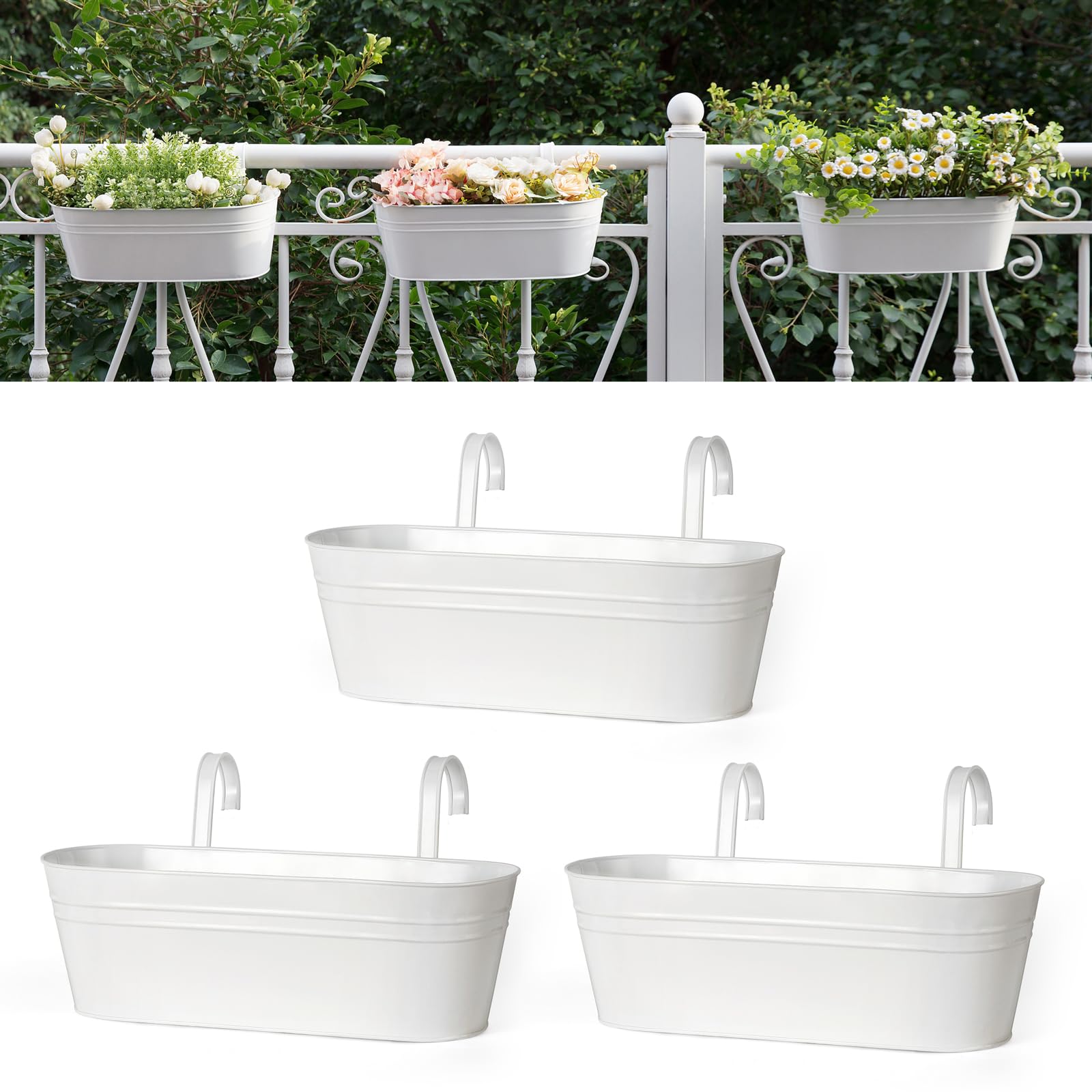 Dahey front view of white railing planter showing neat garden display and space savings