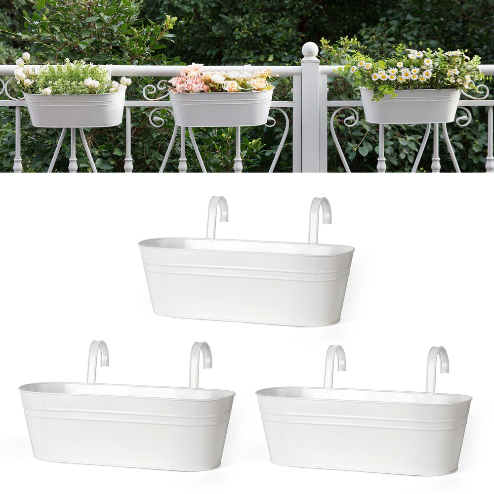 Dahey front view of white railing planter showing neat garden display and space savings