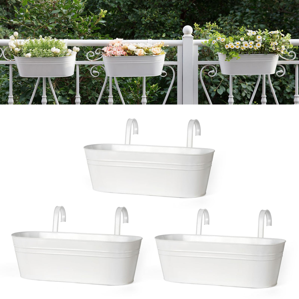 Dahey front view of white railing planter showing neat garden display and space savings
