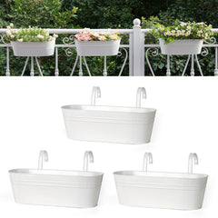 Dahey front view of white railing planter showing neat garden display and space savings
