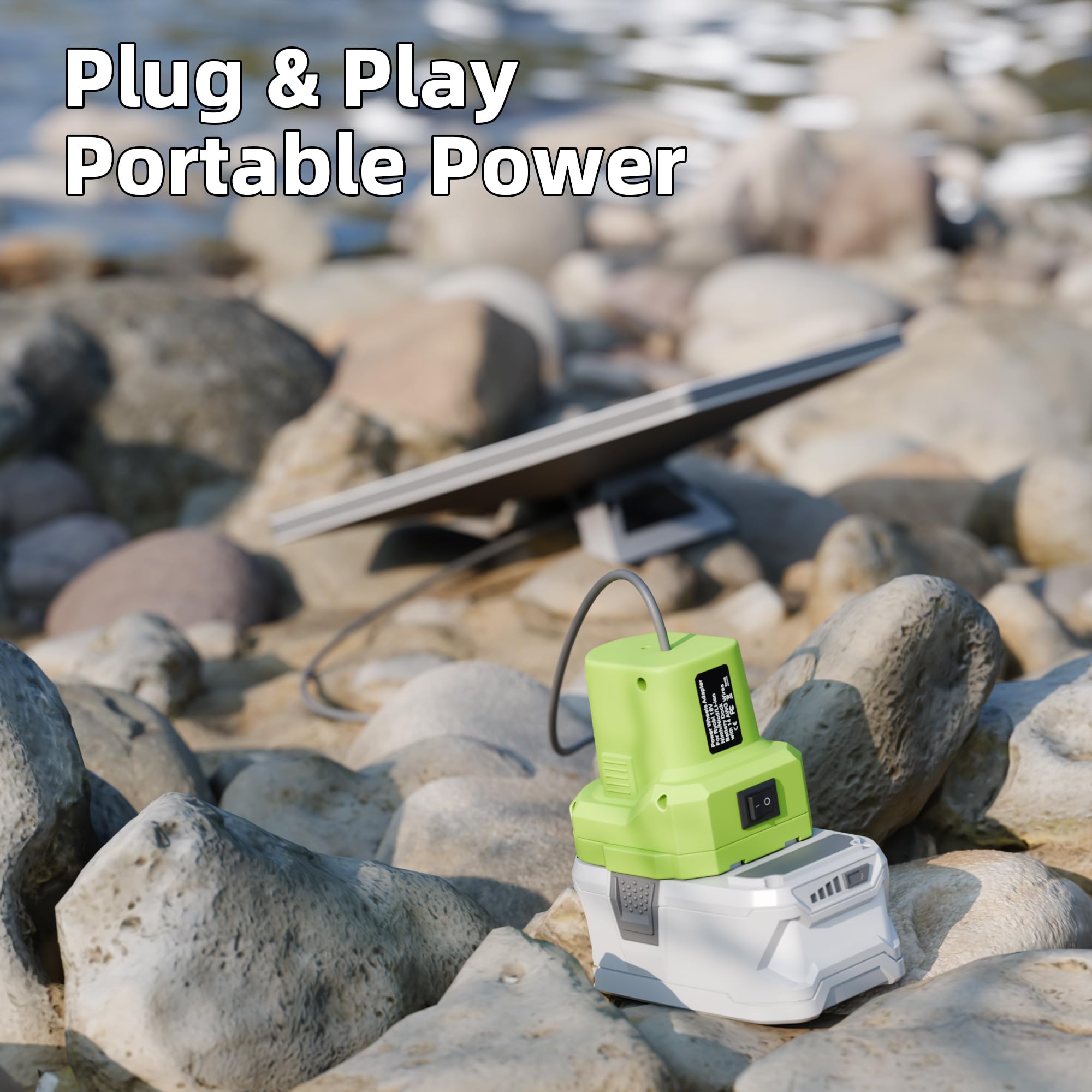 DAIERTEK adapter plugged into 18V tool battery showing compatibility and quick battery power