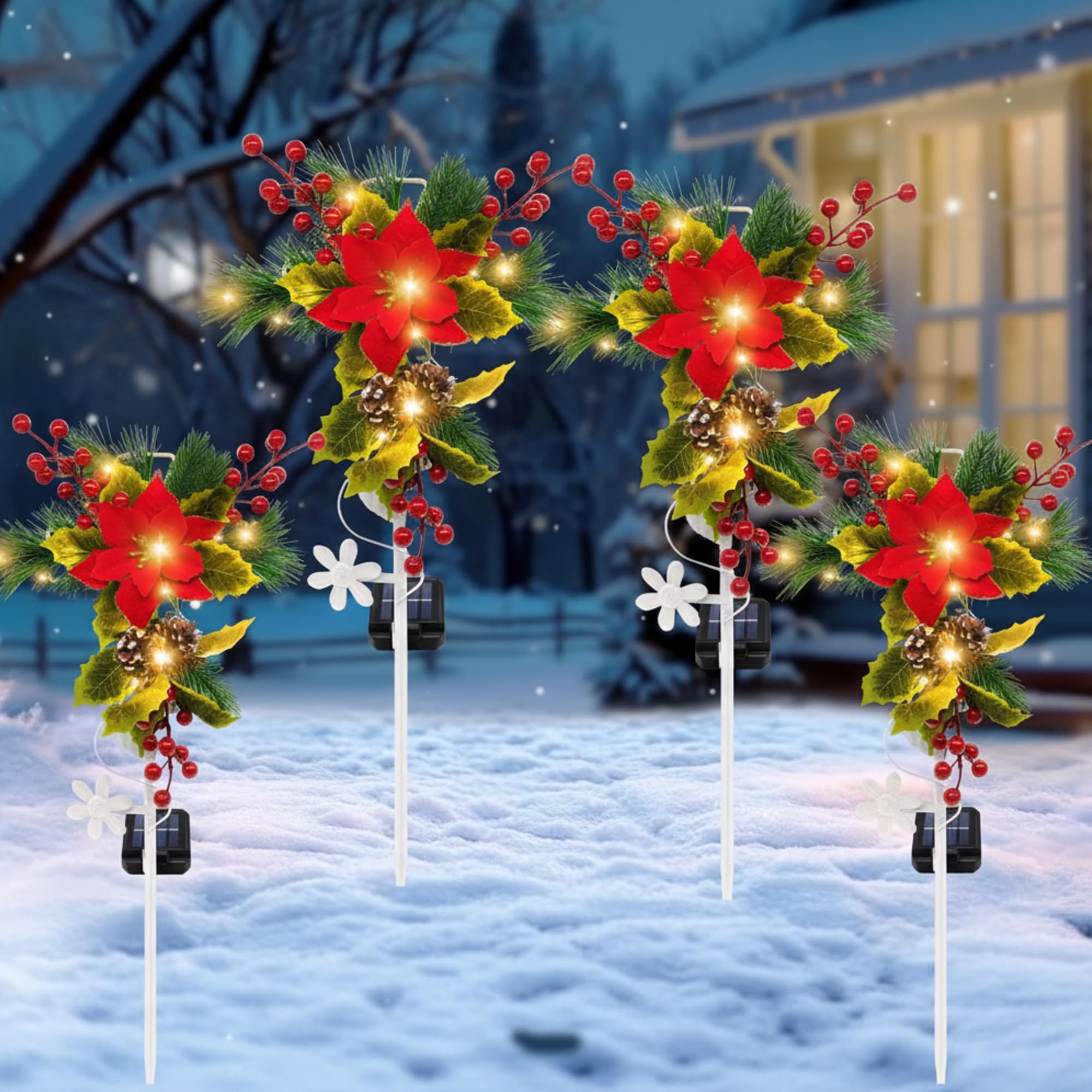 Daifunli front view assembled cross stake showing festive poinsettia and LED glow benefit