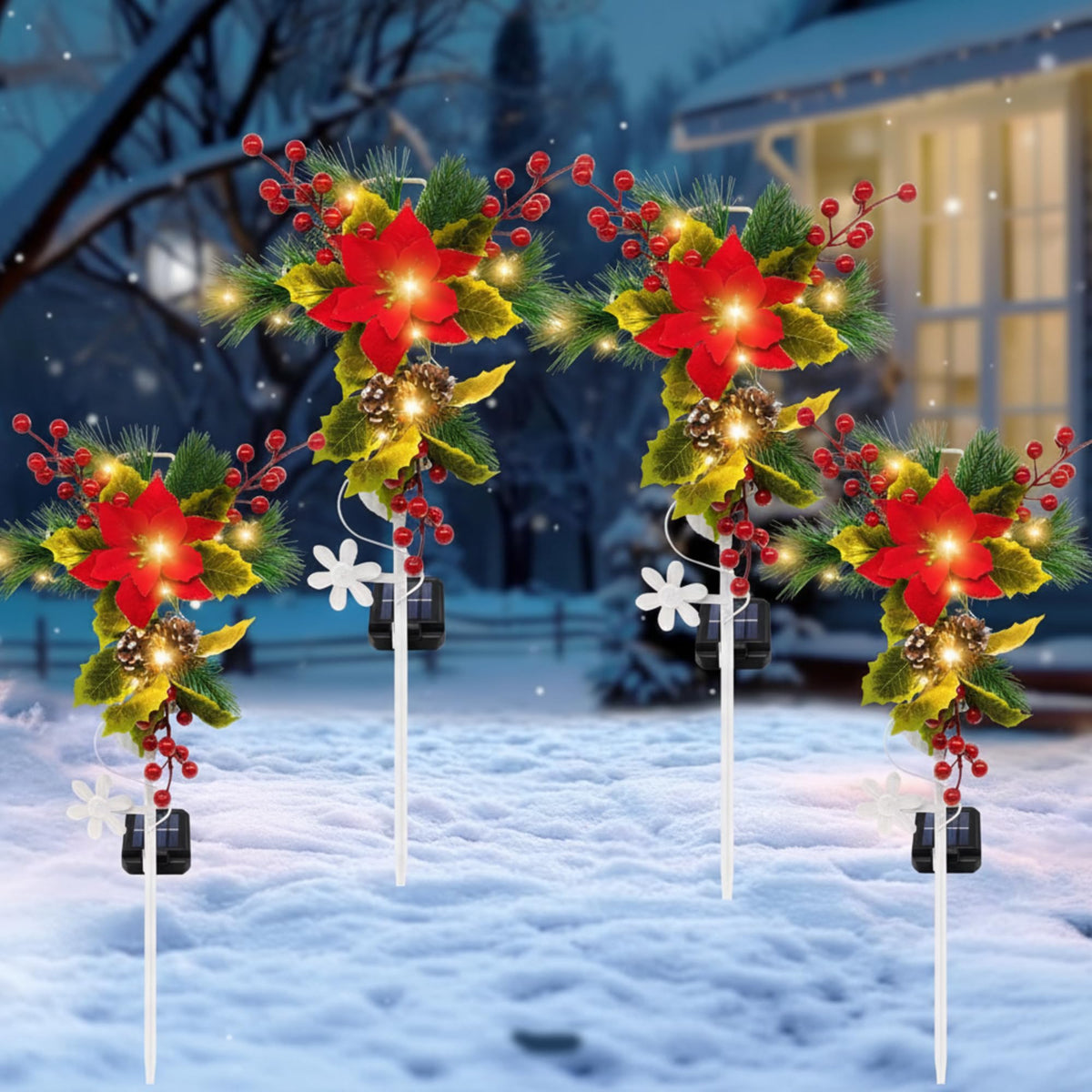Daifunli front view assembled cross stake showing festive poinsettia and LED glow benefit