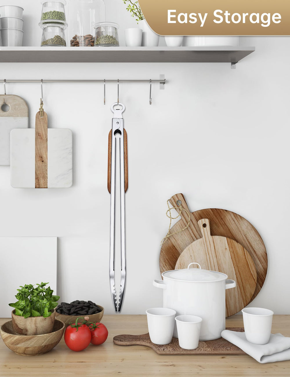 DAILY KISN tongs beside kitchen utensils showing 25-inch scale and practical long-reach benefit