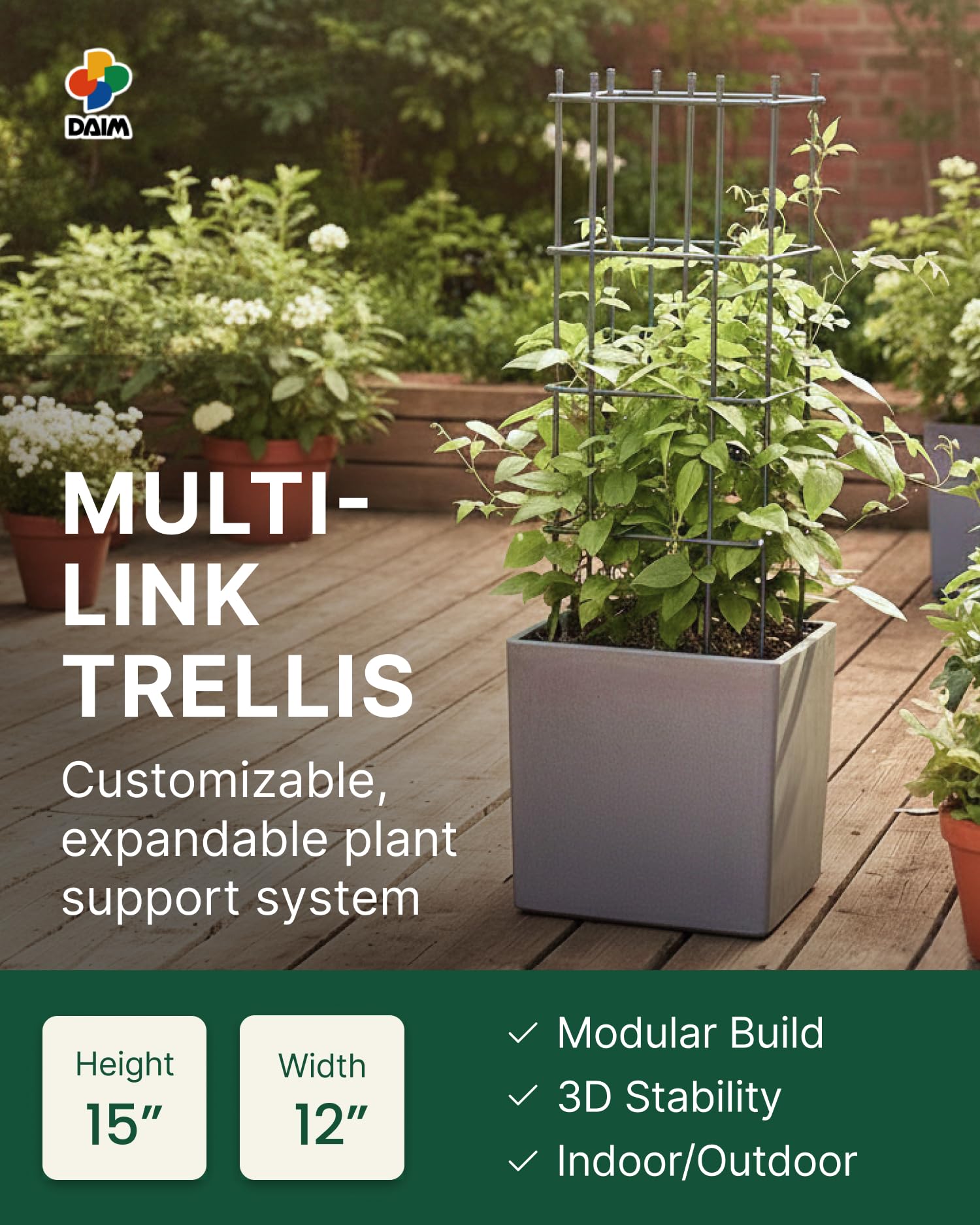 DAIM trellis beside hand for scale showing compact size and customizable height