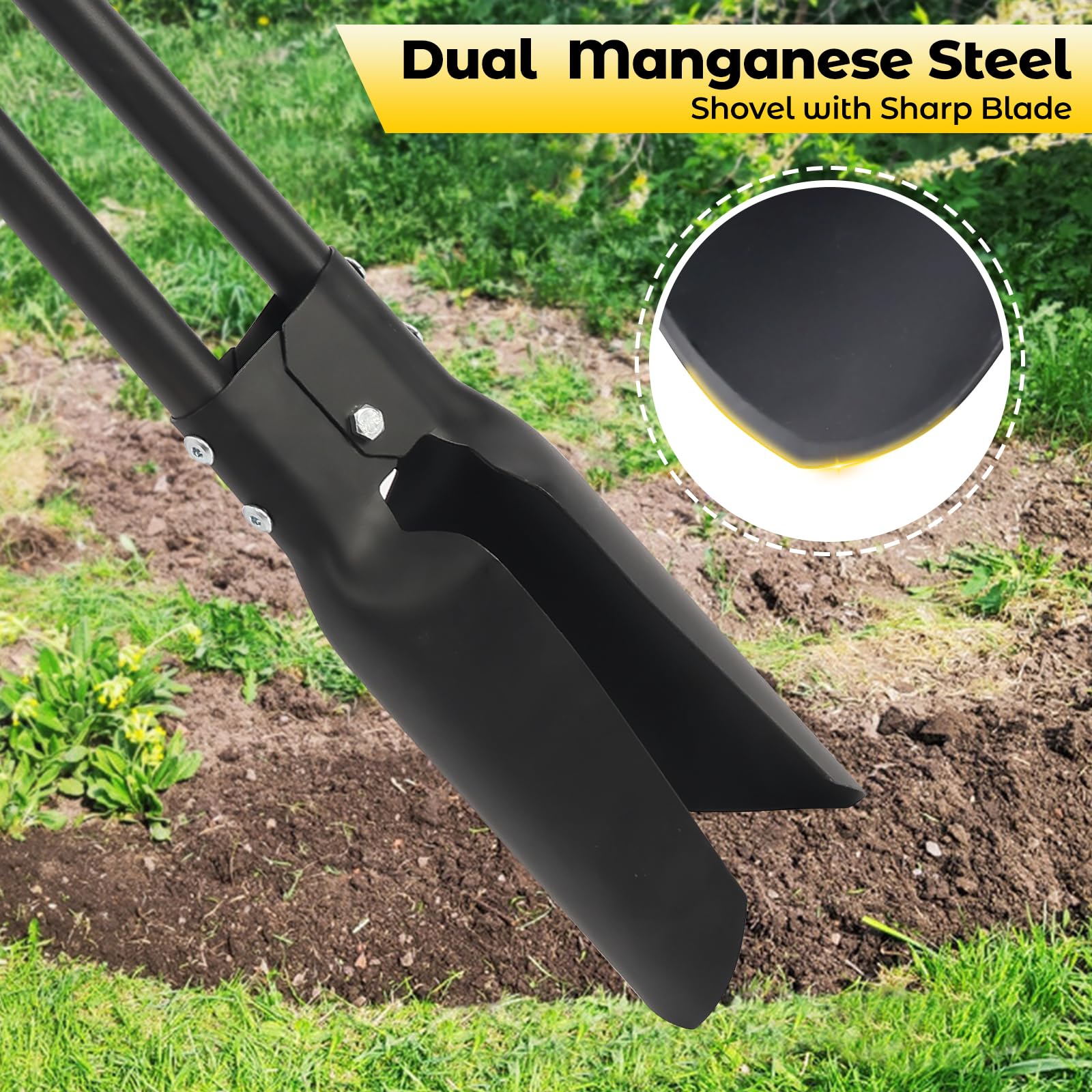 DAKEPOLE close-up of dual sharp blades cutting roots and lifting soil plugs