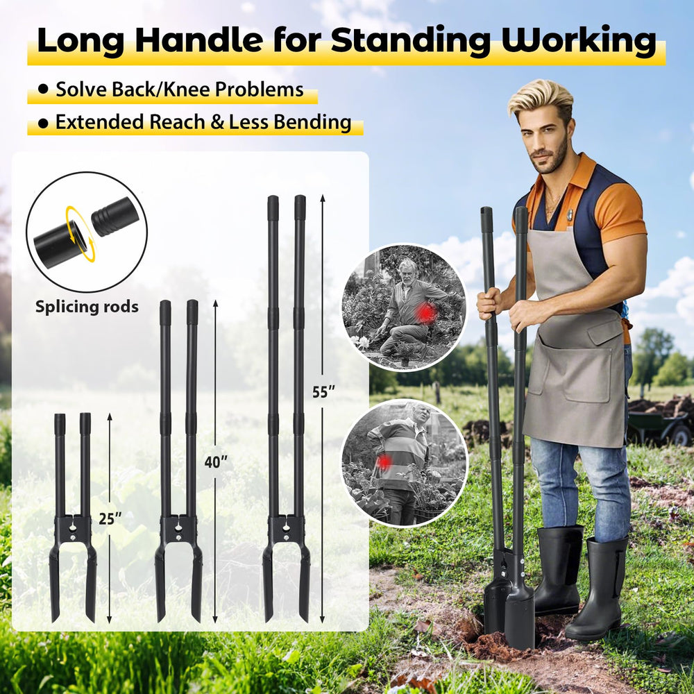 DAKEPOLE post hole digger beside ruler showing 55-inch scale for reach advantage