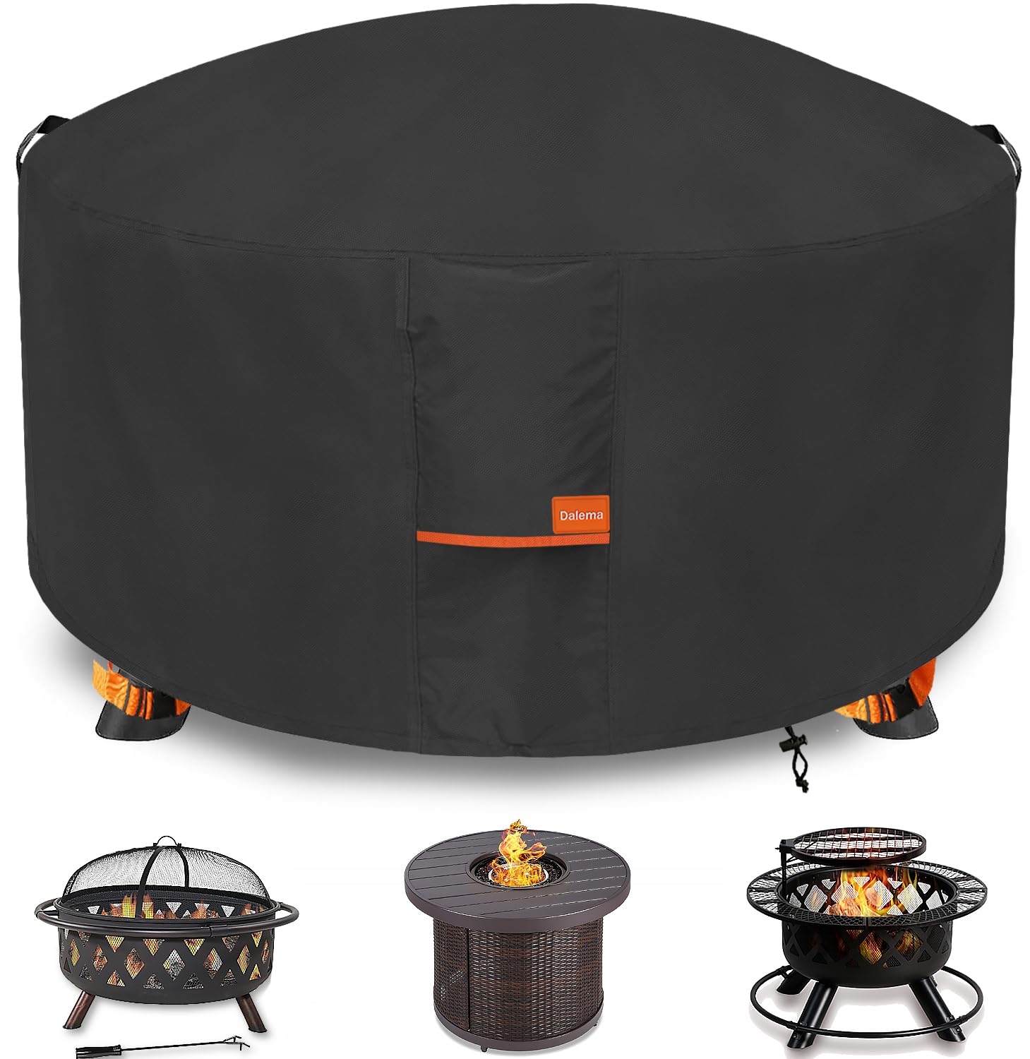 Dalema front view of 38-inch round cover protecting fire pit for long life