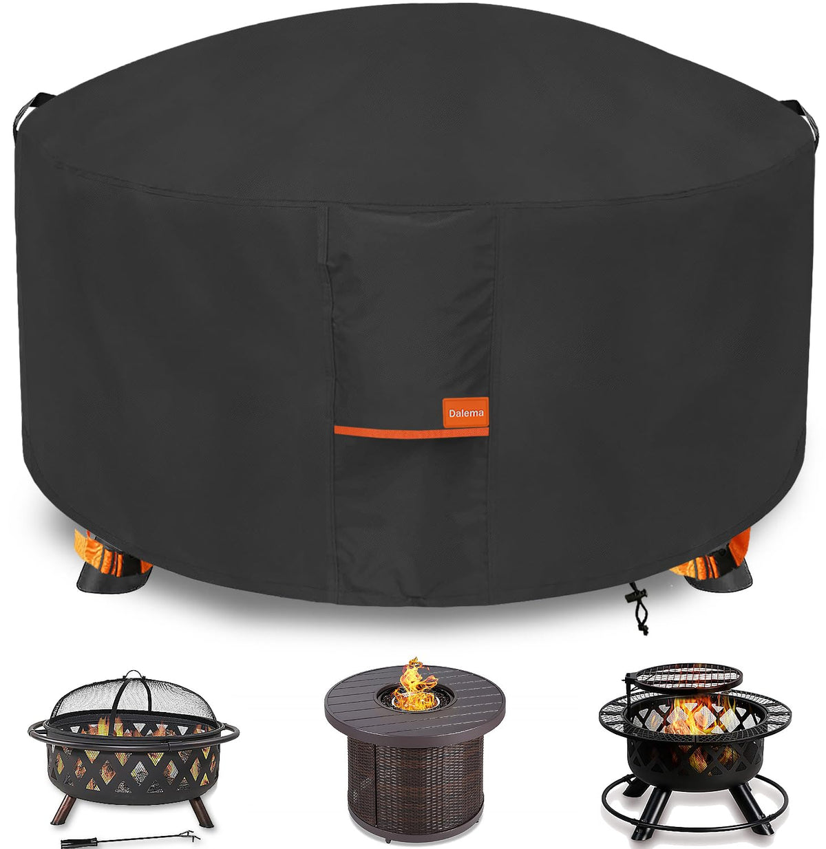 Dalema front view of cover protecting fire pit, shows full coverage benefit
