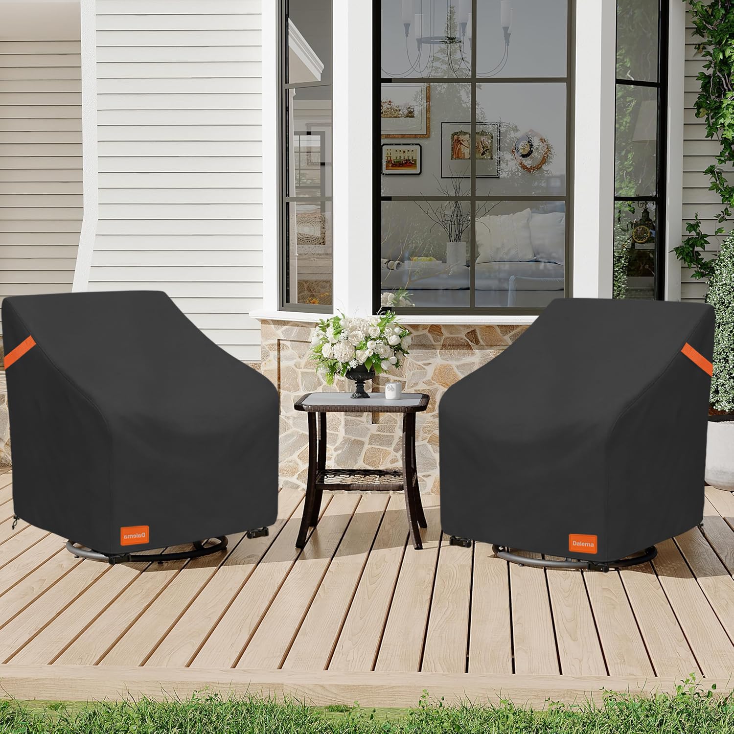 Dalema cover installed on patio swivel chair providing full outdoor protection