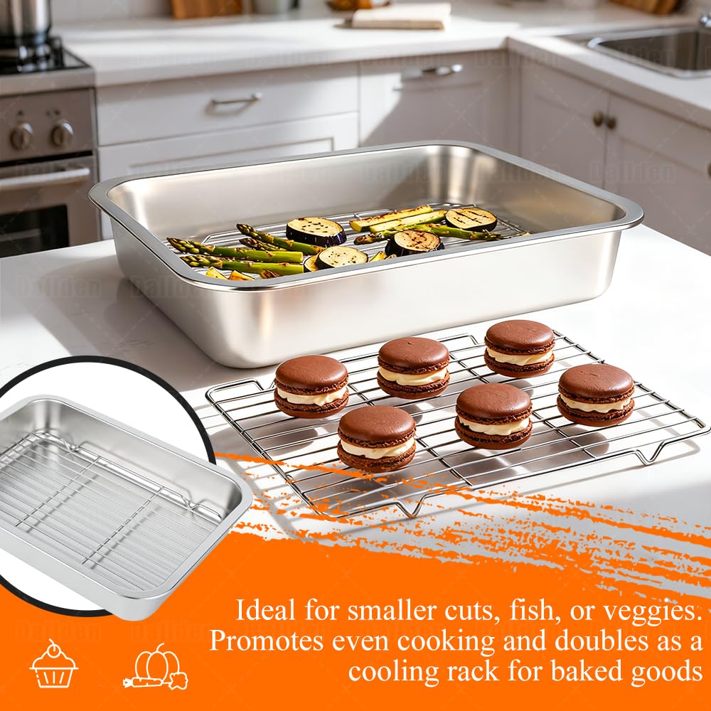 Dallden side profile highlighting 2.75-inch deep pan walls to contain juices
