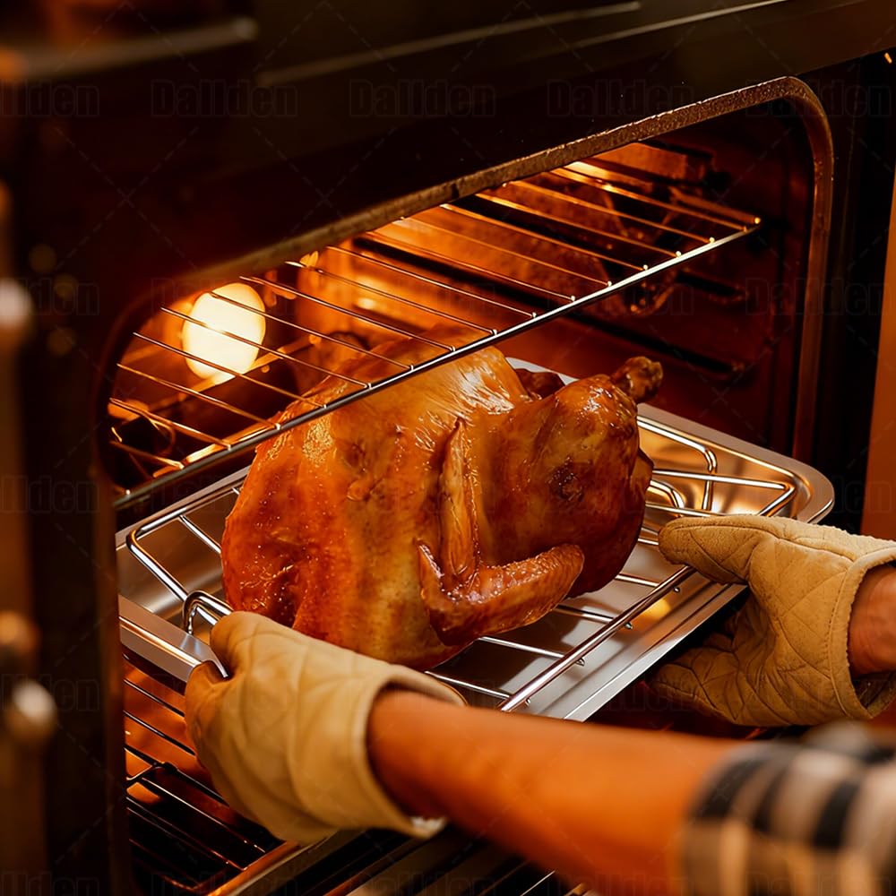 Dallden roasting pan with cooked turkey in kitchen for holiday serving benefit