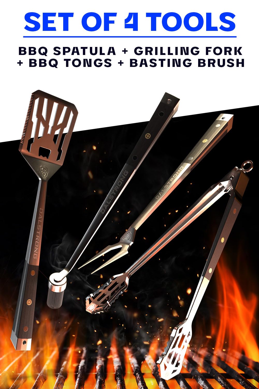 Dalstrong fork held over grill demonstrating secure lifting and control