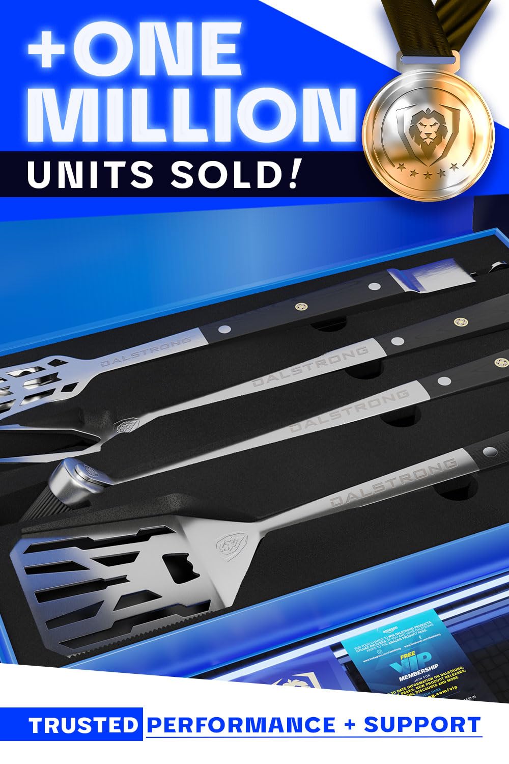 Dalstrong tools laid on hot grill illustrating durable stainless-steel construction