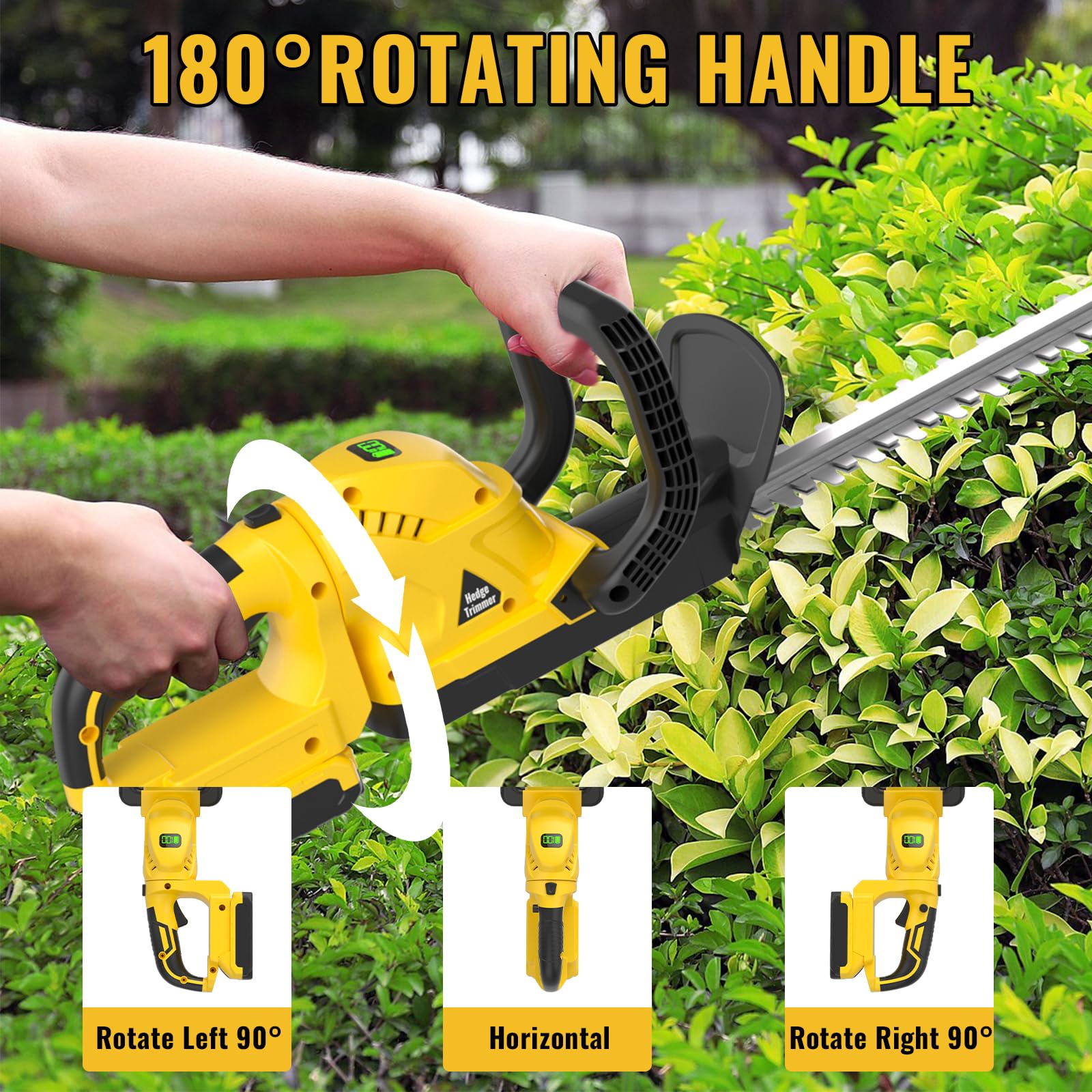 Damolin in use trimming vertically on tall shrub for precise control
