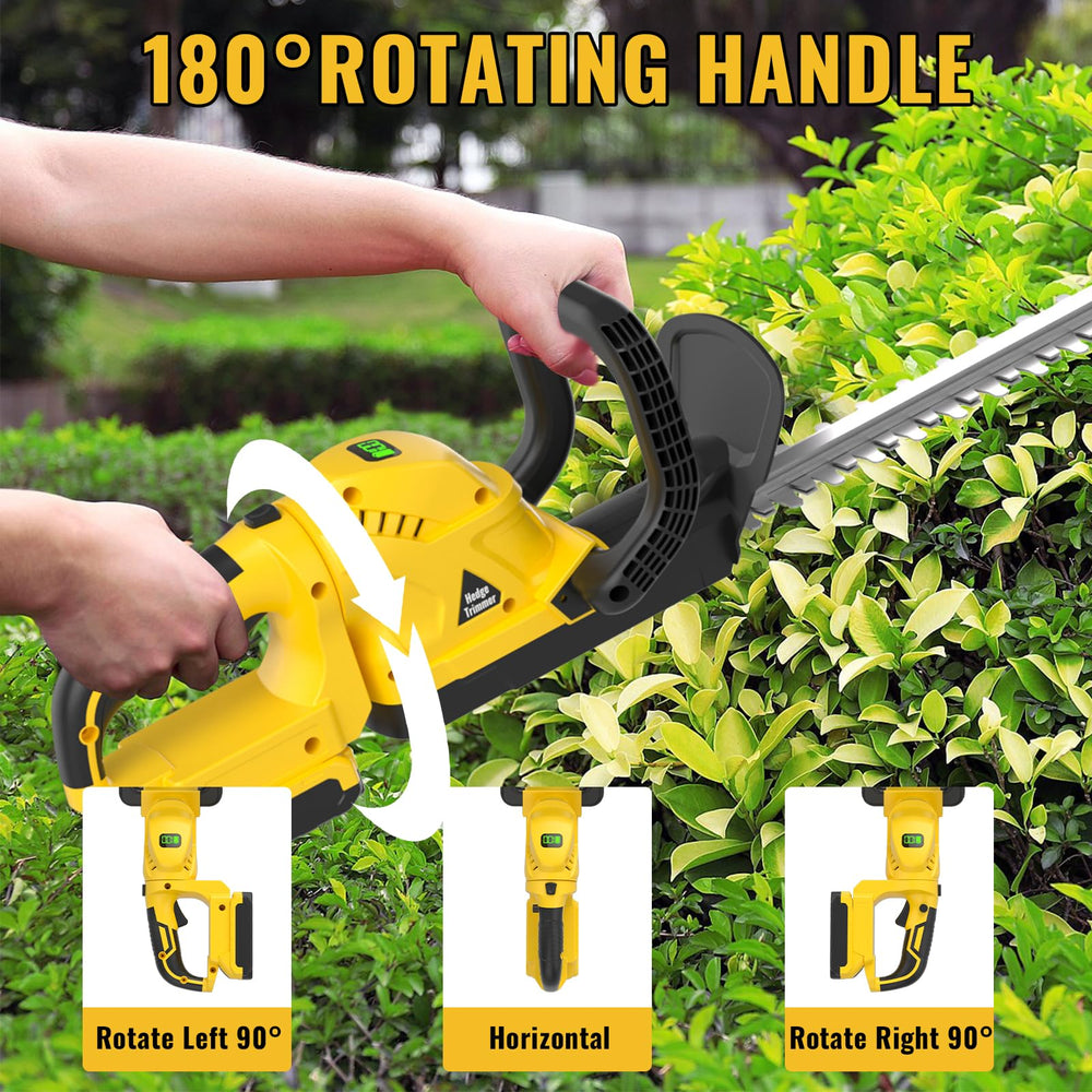 Damolin in use trimming vertically on tall shrub for precise control