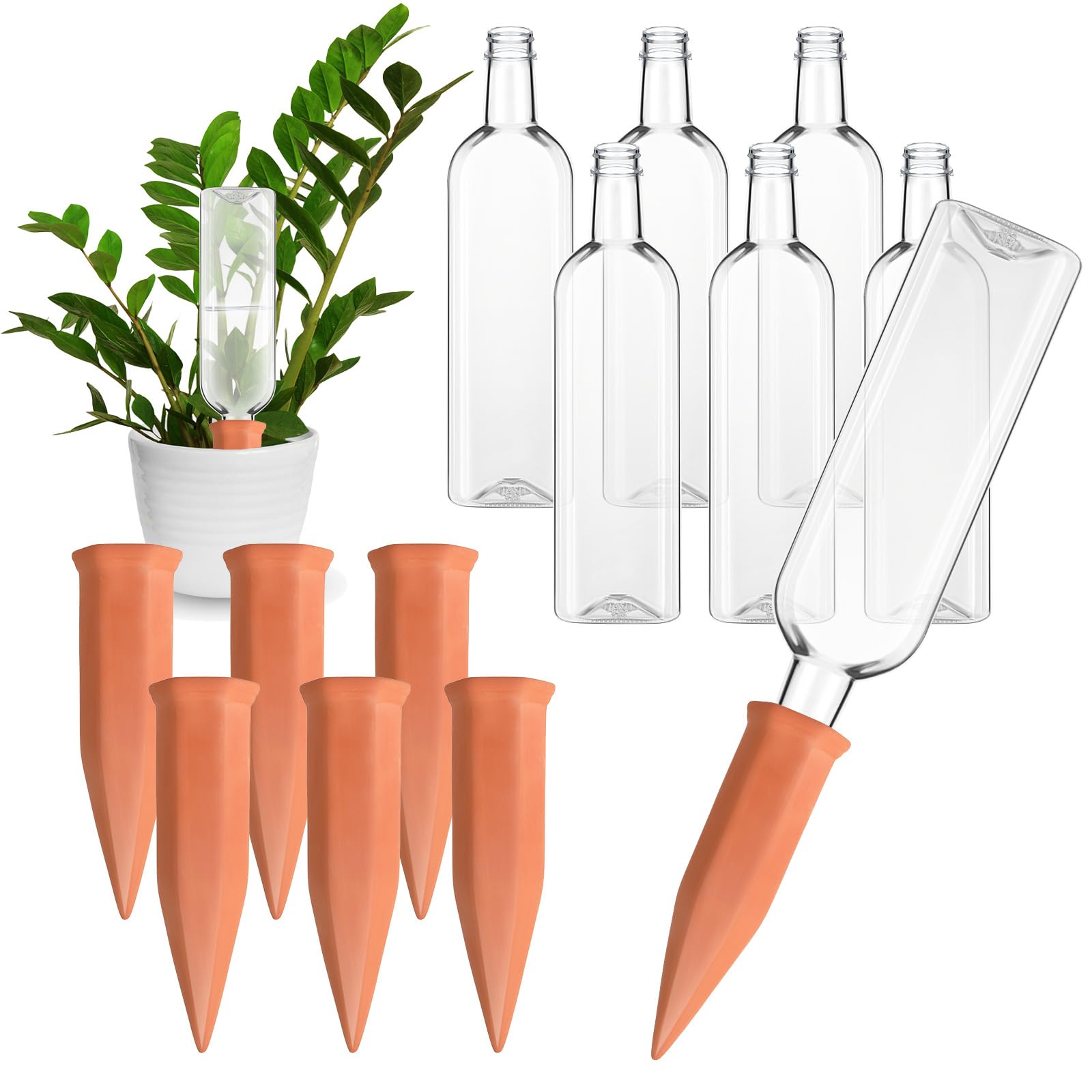 Dandat kit front view showing six spikes and six 34oz bottles, convenient irrigation