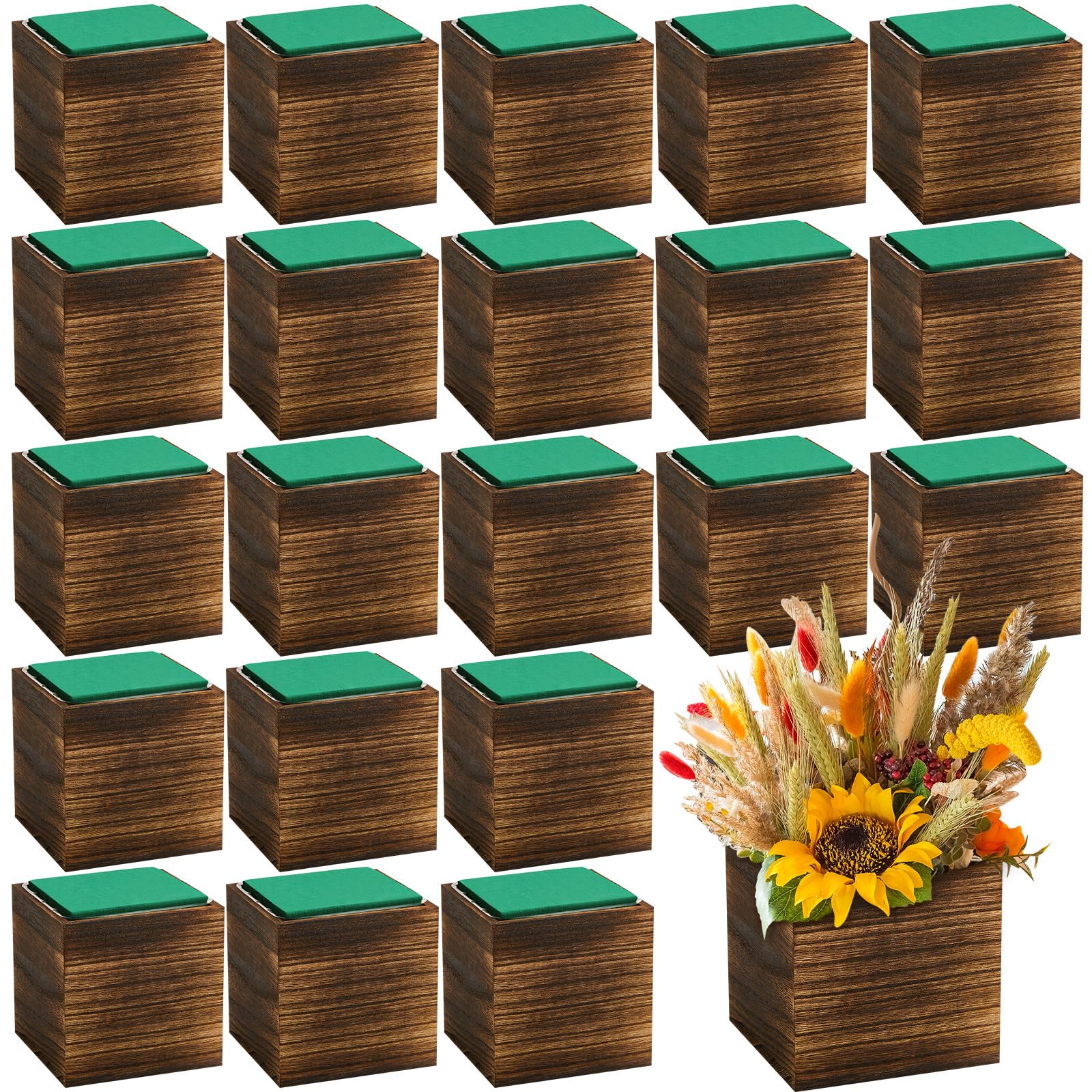 Dandat front view of 24 brown wood cube planters set for easy decoration