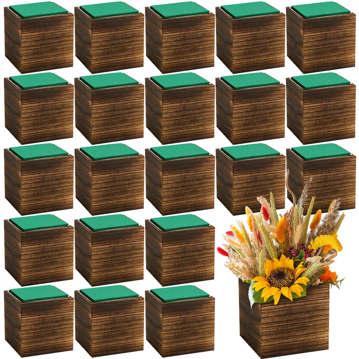 Dandat front view of 24 brown wood cube planters set for easy decoration