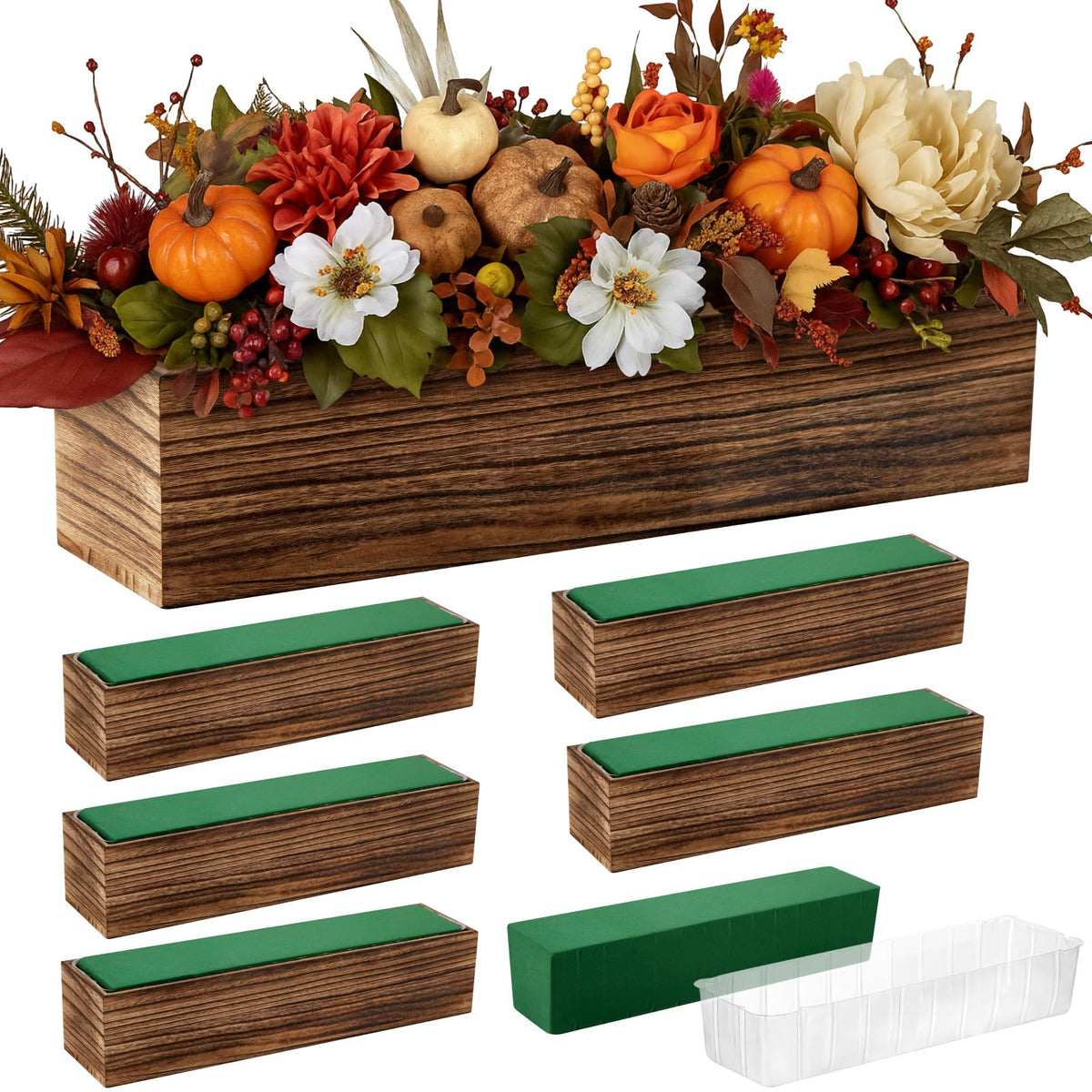 Dandat front view of six wooden planter boxes showing rustic appeal and coordinated set