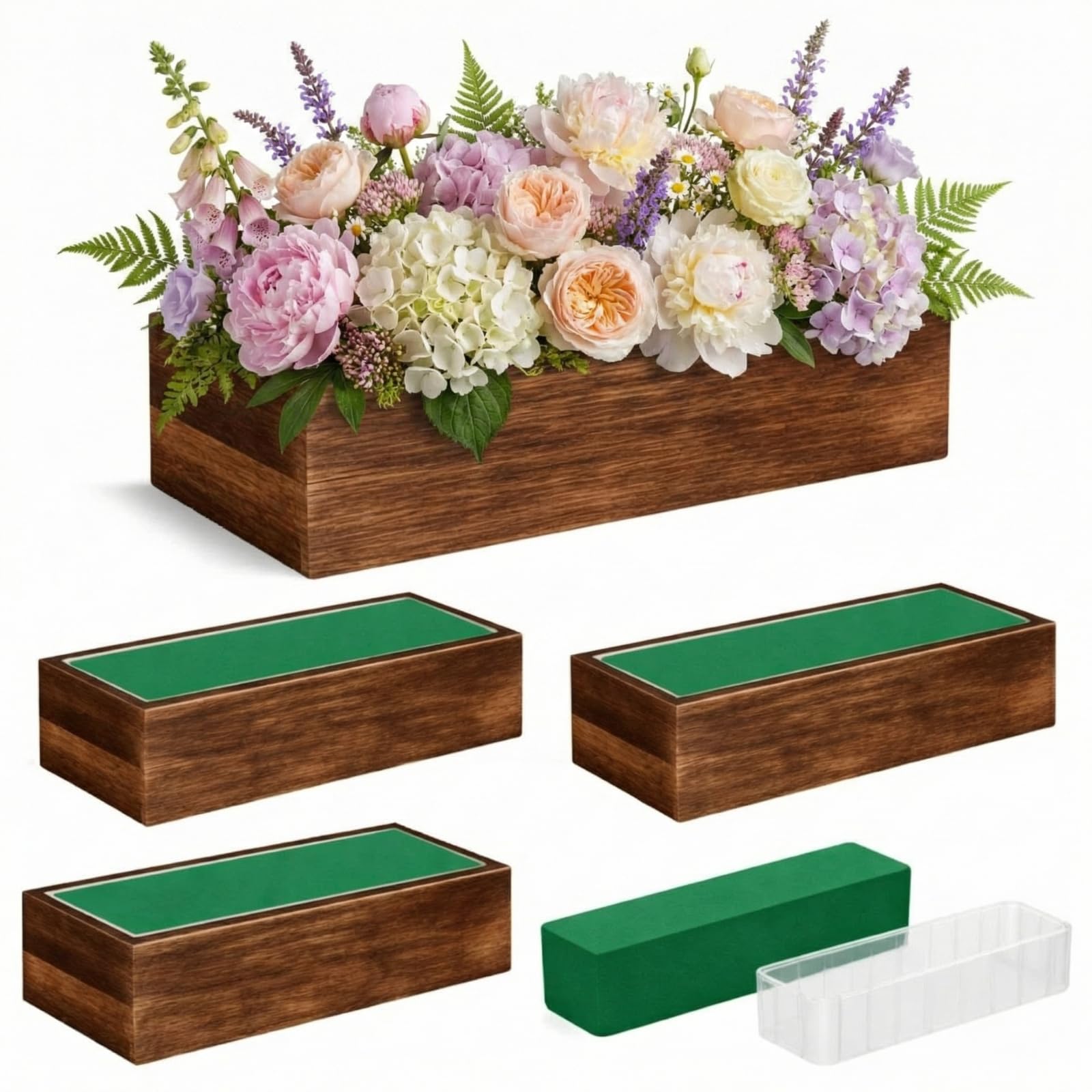 Dandat front view of four wooden rectangle planters showing rustic styling and ready use