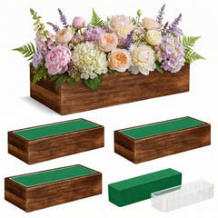 Dandat front view of four wooden rectangle planters showing rustic styling and ready use