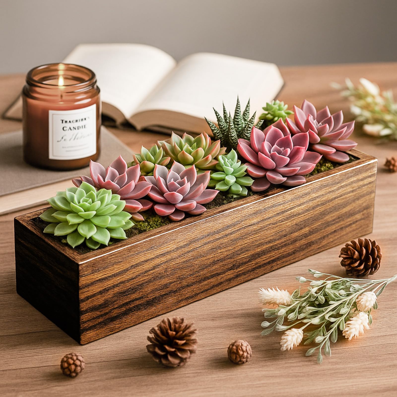 Dandat styled trio on windowsill adding greenery and warm farmhouse ambiance