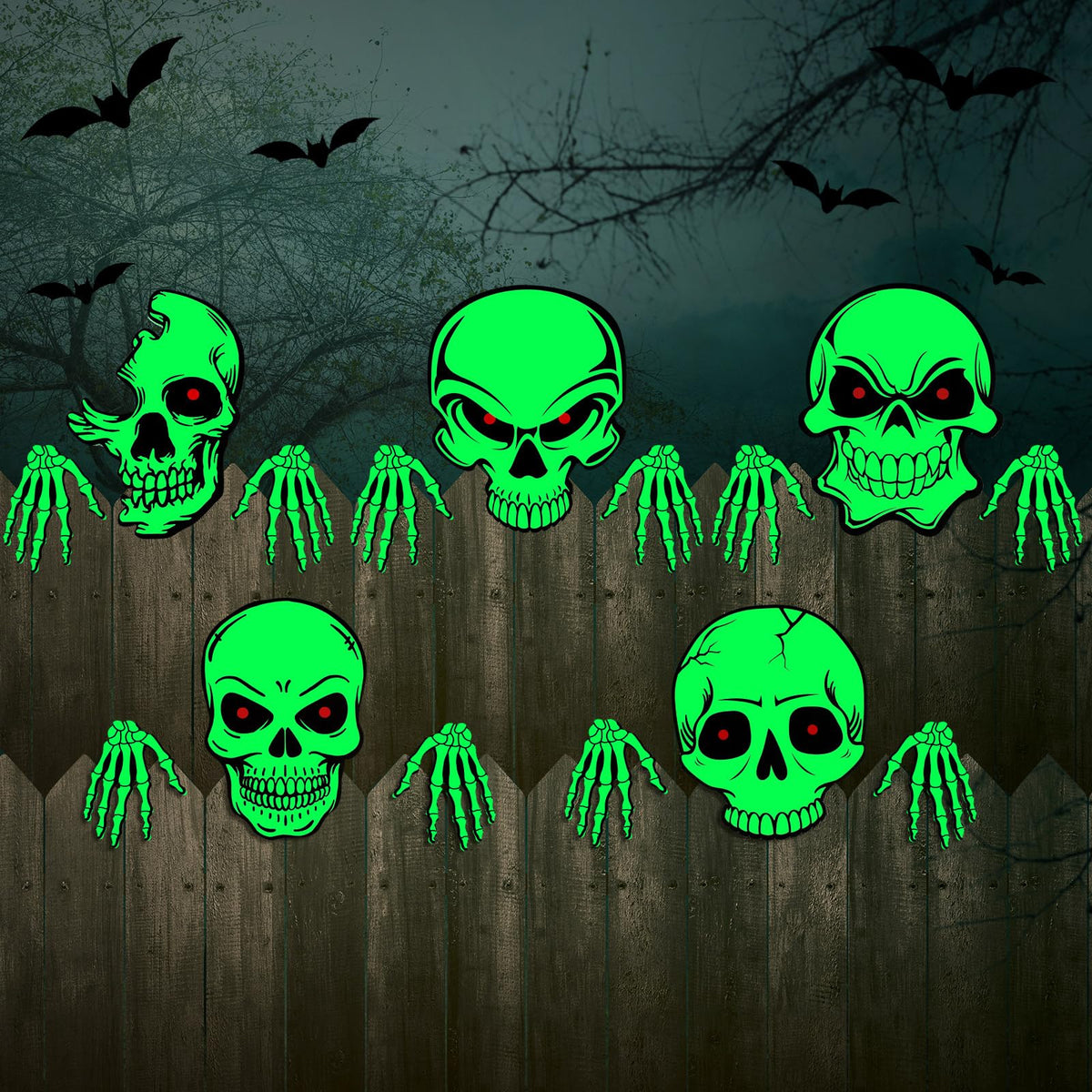 Dandat skull fence set front view showing five pieces and spooky benefit