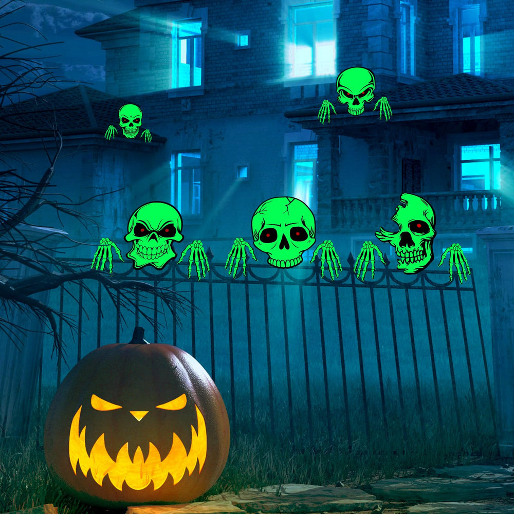Dandat skulls glowing at night enhancing yard visibility and spooky ambiance