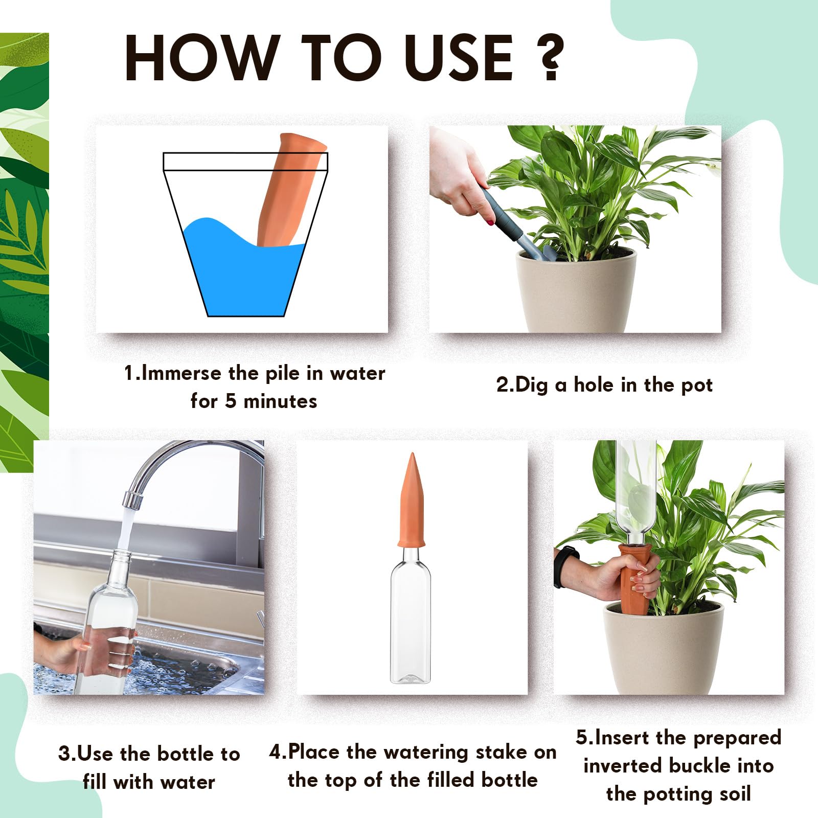 Dandat spike inserted in a potted plant delivering root-zone watering while away