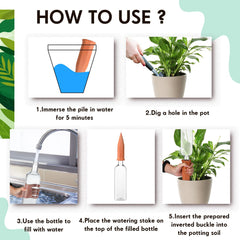 Dandat spike inserted in a potted plant delivering root-zone watering while away